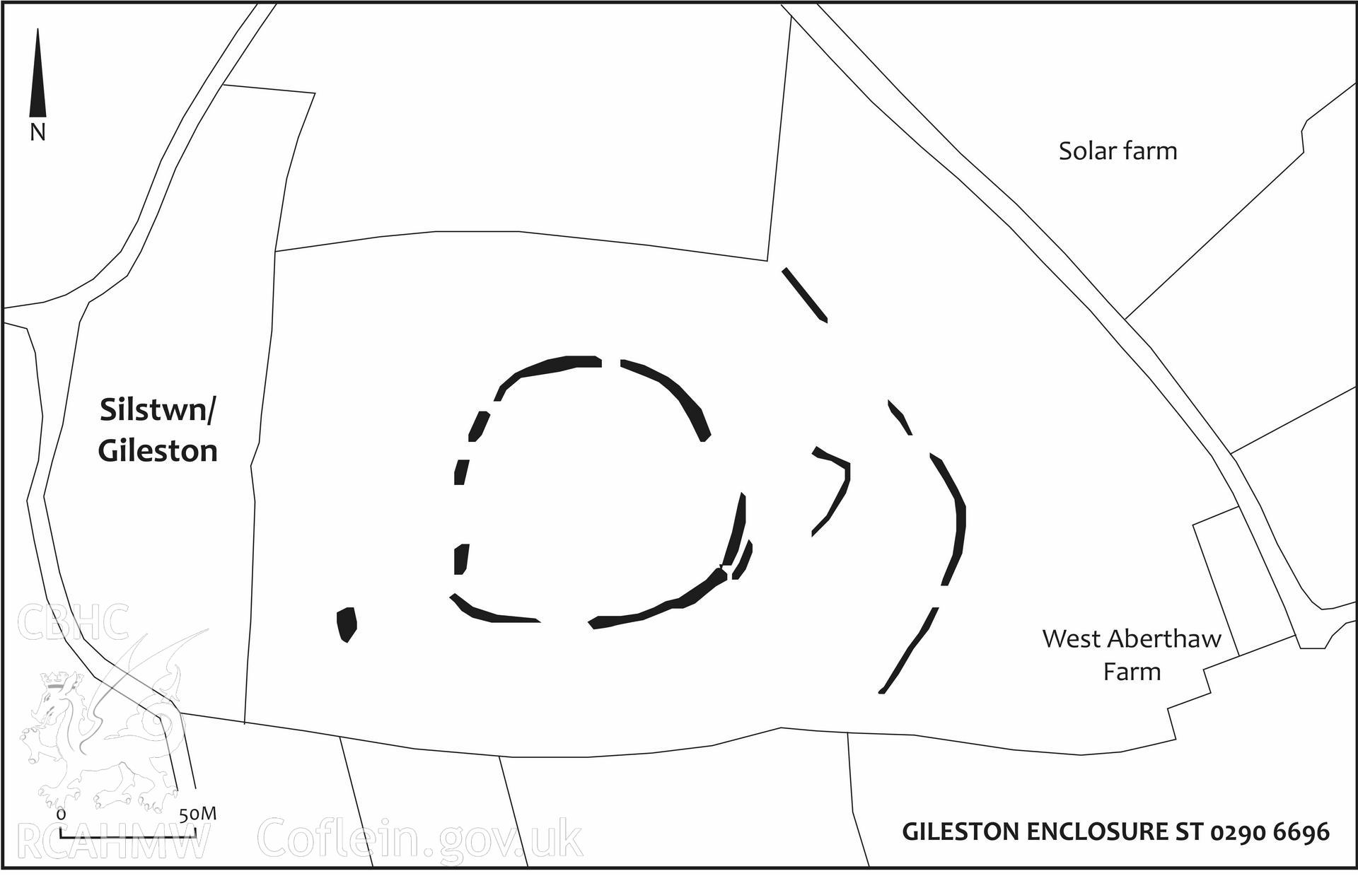Air photo mapping of Gileston causewayed enclosure, St Athan. Produced by Toby Driver of the RCAHMW Survey team , 2024.