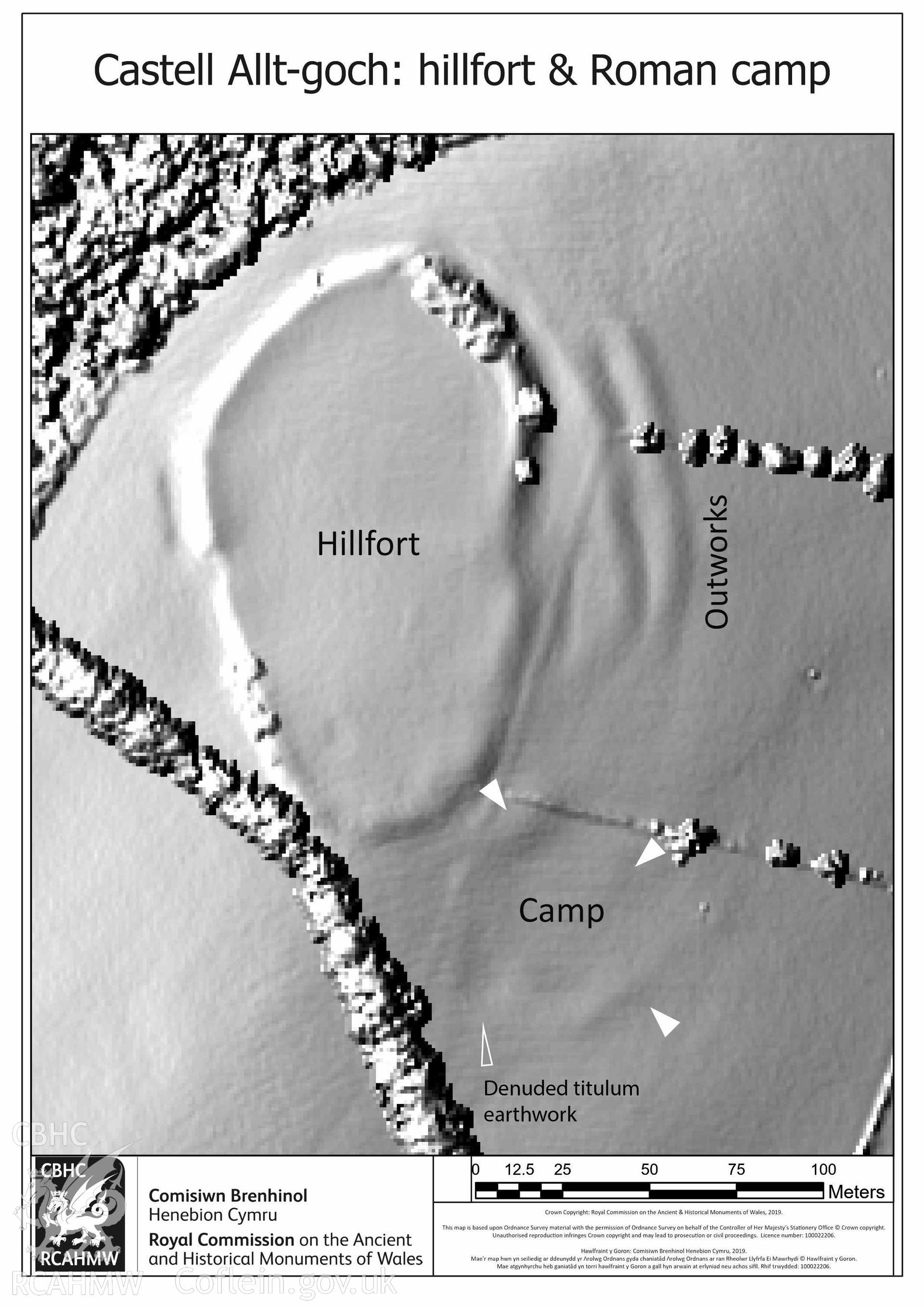 Castell Allt-Goch hillfort, Lampeter. LiDAR plot showing Roman camp in relation to hillfort earthworks