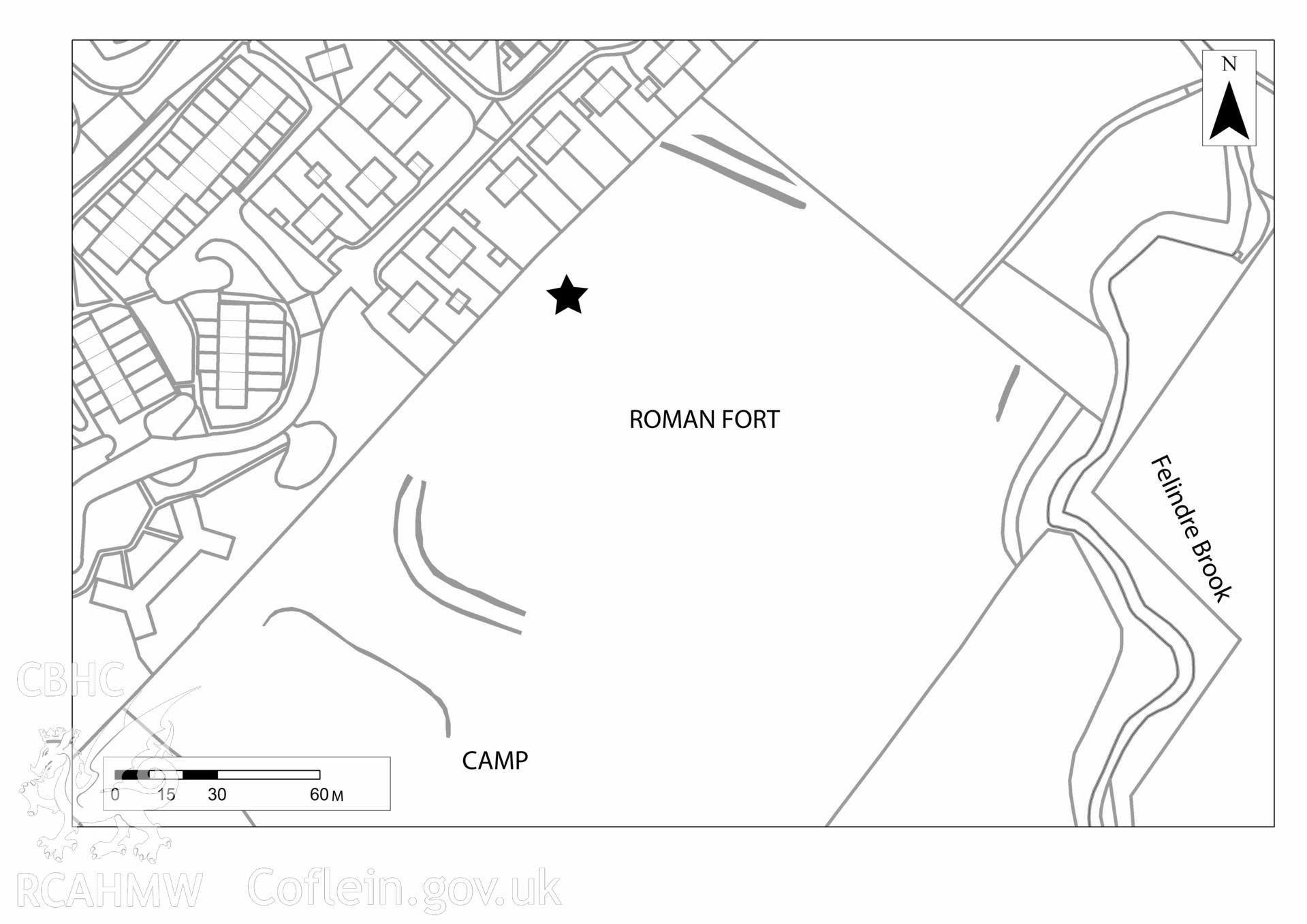 Three Cocks (Gwernyfed Park, Aberllynfi) Roman Fort. Air photo mapping of 2018 cropmarks. Plan published in Driver, T., Burnham, B C, and Davies, J. L. 2020. Roman Wales: Aerial Discoveries and New Observations from the Drought of 2018. Britannia. 1-29. Figure 7 Received from Toby Driver of the RCAHMW Survey team , 2024.