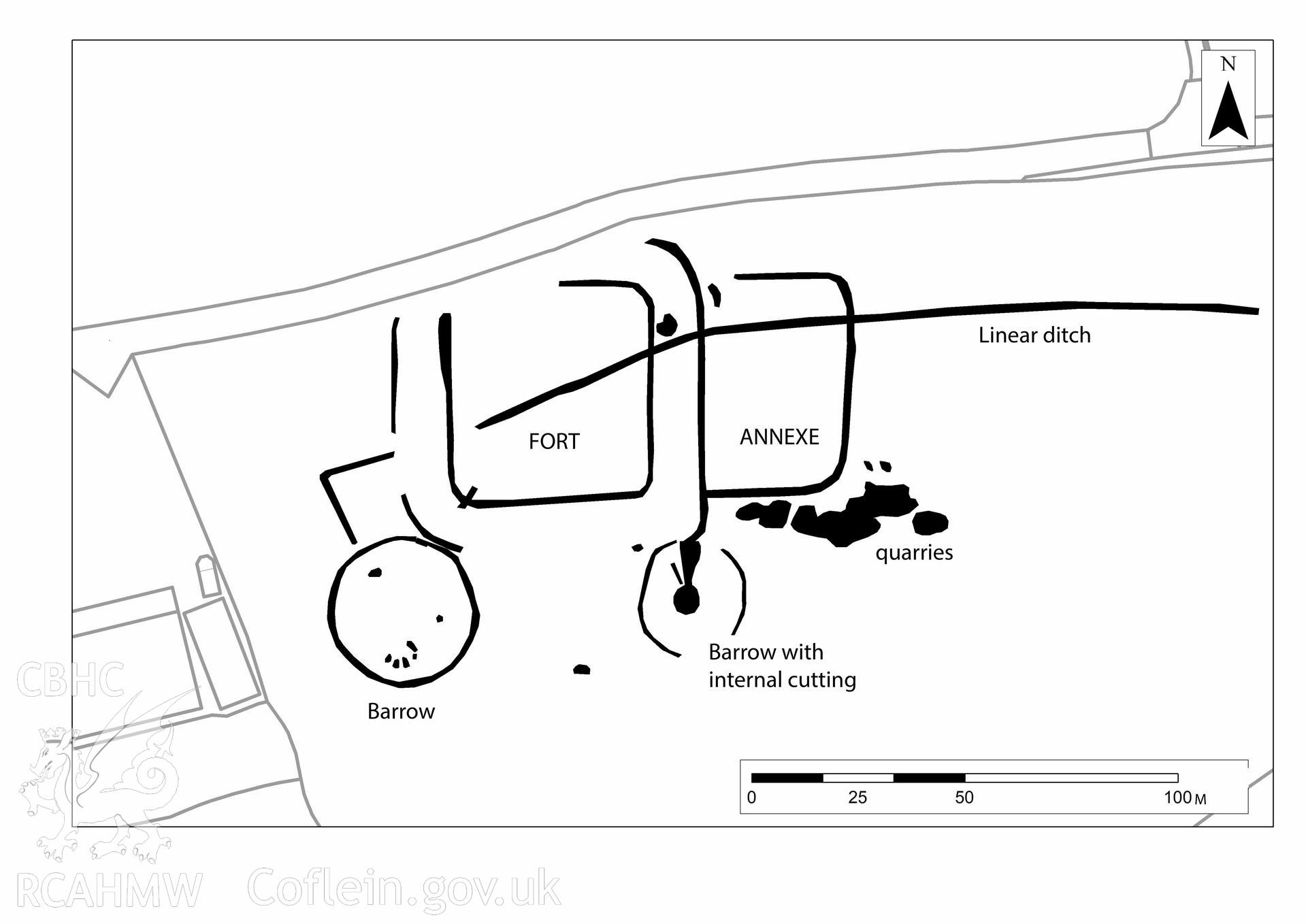 Carrow Hill Roman fort. Air photo mapping of 2018 cropmarks. Plan published in Driver, T., Burnham, B C, and Davies, J. L. 2020. Roman Wales: Aerial Discoveries and New Observations from the Drought of 2018. Britannia. 1-29. Figure 5.  Received from Toby Driver of the RCAHMW Survey team , 2024.