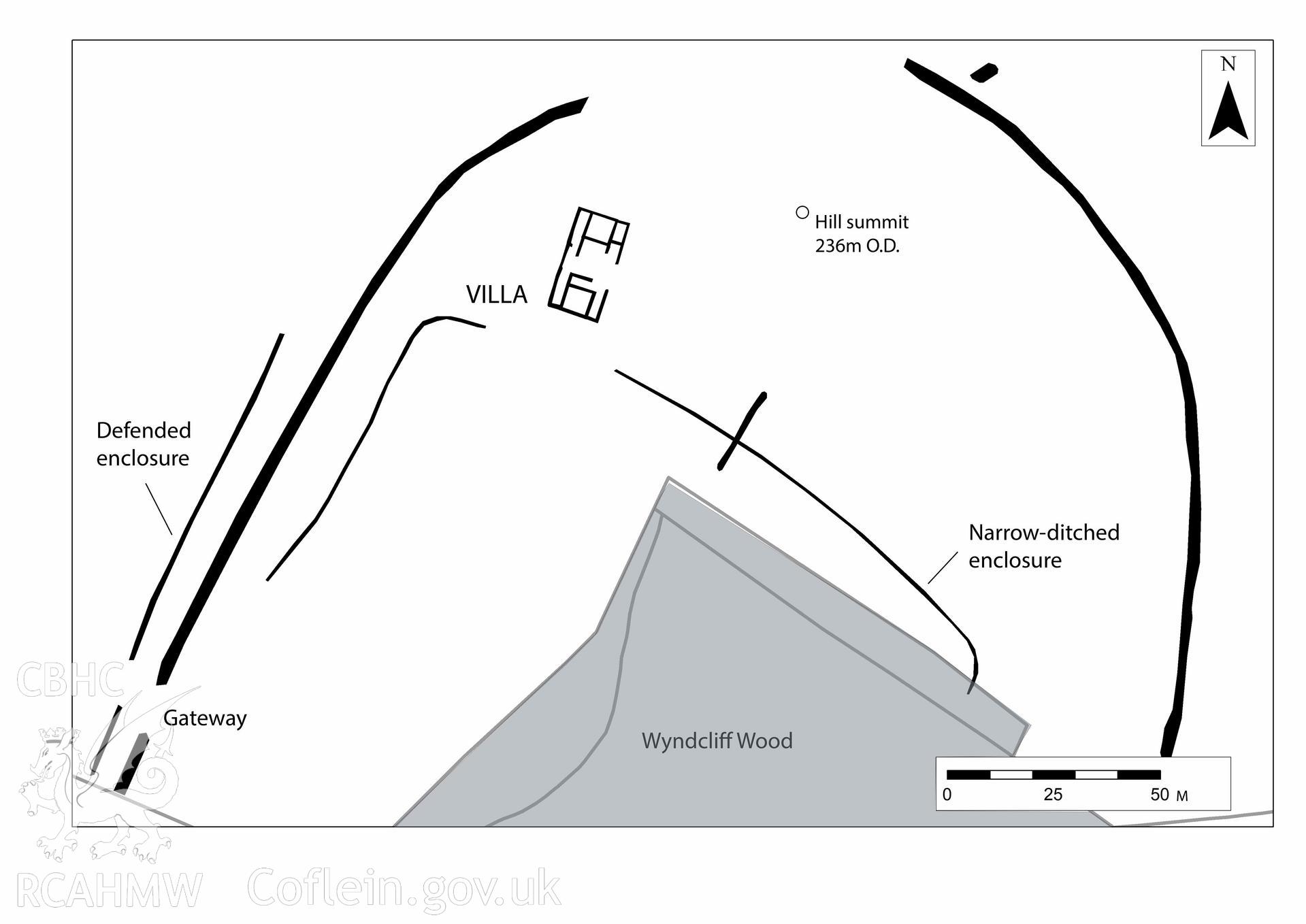 Wyndcliff Roman villa and defended enclosure. Air photo mapping of 2018 cropmarks. Plan published in Driver, T., Burnham, B C, and Davies, J. L. 2020. Roman Wales: Aerial Discoveries and New Observations from the Drought of 2018. Britannia. 1-29. Figure 13.
 Received from Toby Driver of the RCAHMW Survey team , 2024.