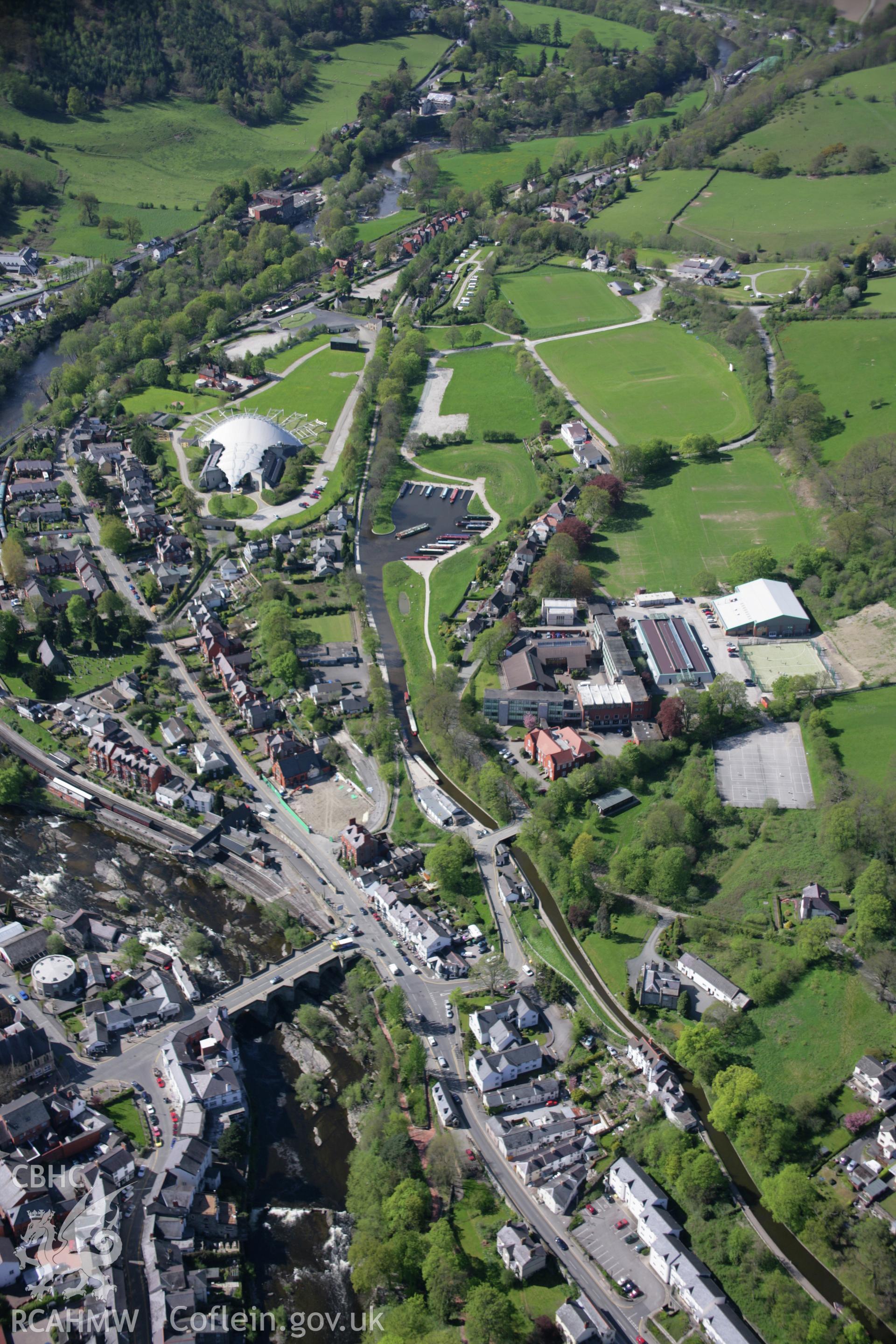 RCAHMW digital colour oblique photograph of the Royal International Pavilion and the canal at Llangollen viewed from the south-east. Taken on 05/05/2006 by T.G. Driver.