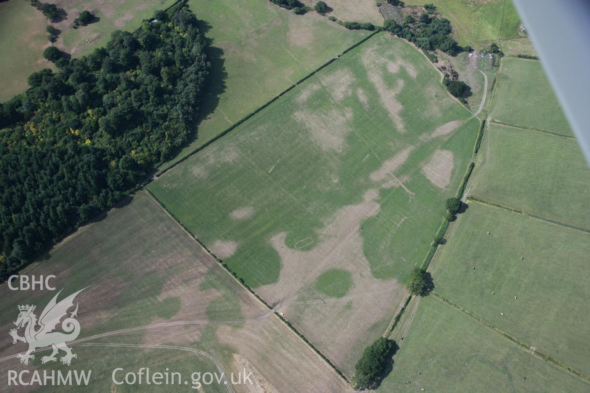 RCAHMW colour oblique aerial photograph of Llwydfaen Medieval Township, site of buried medieval church, view of parched foundations from south-east, taken on 14/08/2006 by Toby Driver.