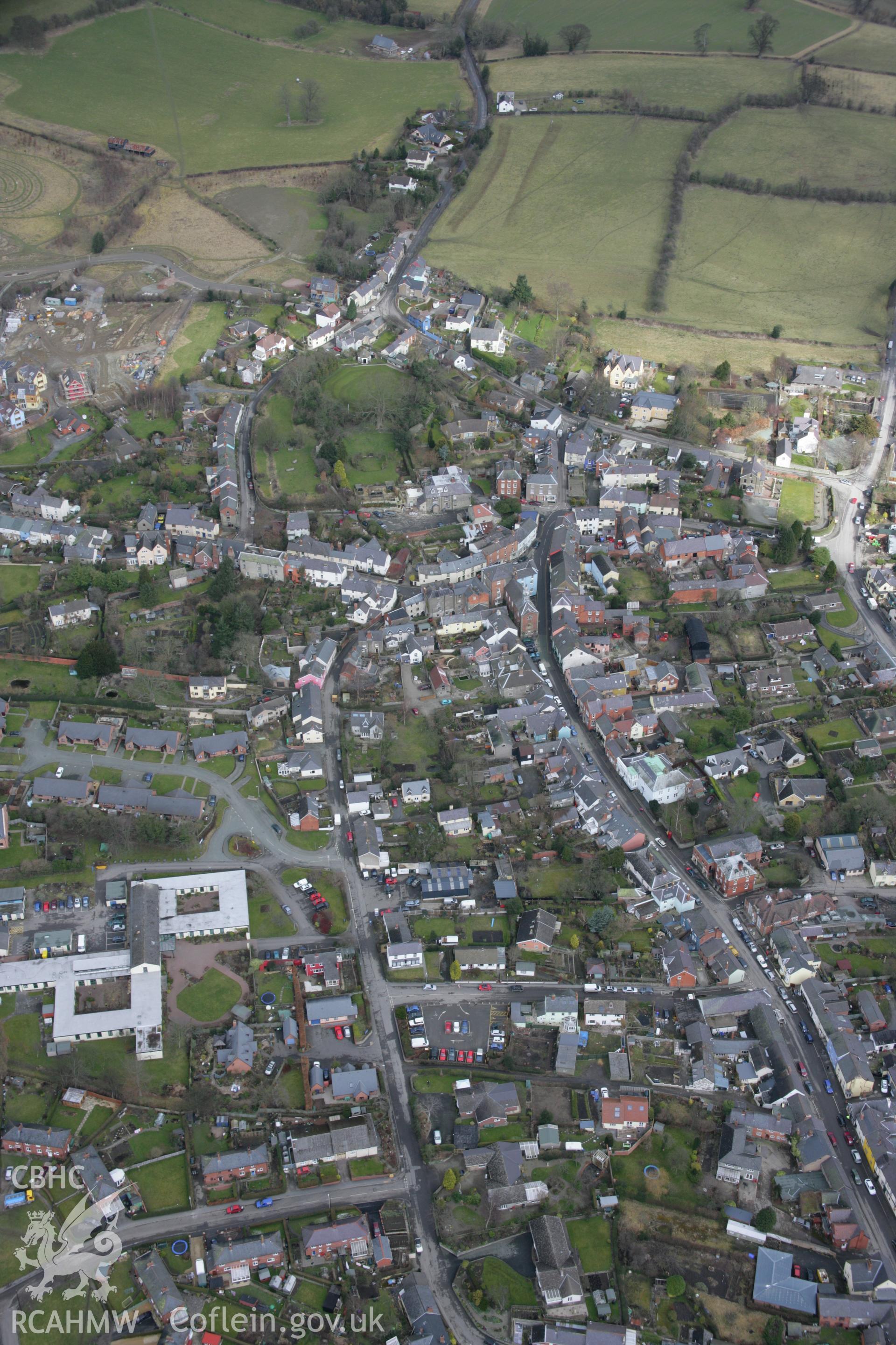 RCAHMW colour oblique aerial photograph of Bishops Castle from the south. Taken on 06 March 2006 by Toby Driver.