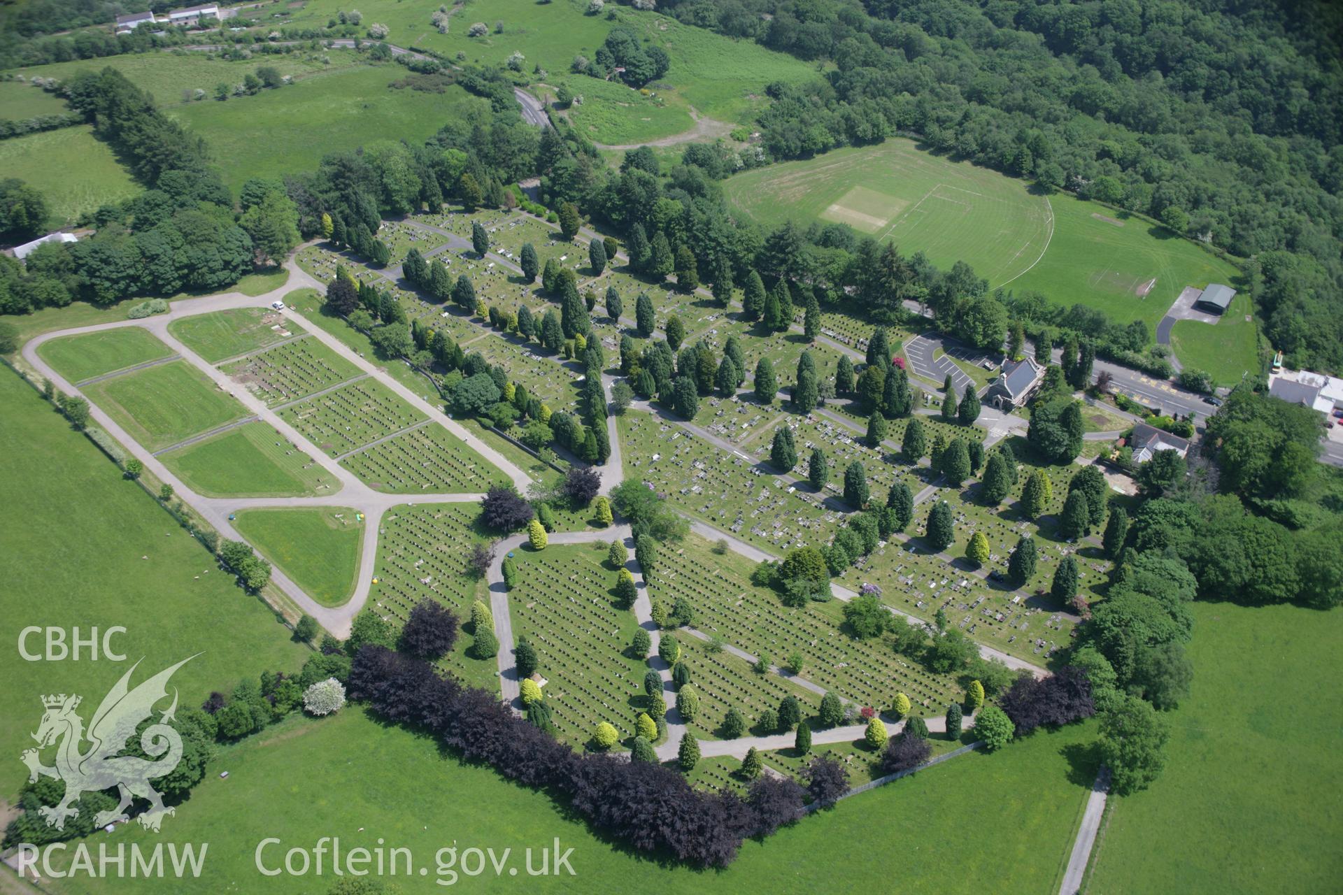 RCAHMW colour oblique aerial photograph of Cemetery Chapel, New Tredegar from the north-west. Taken on 09 June 2006 by Toby Driver.