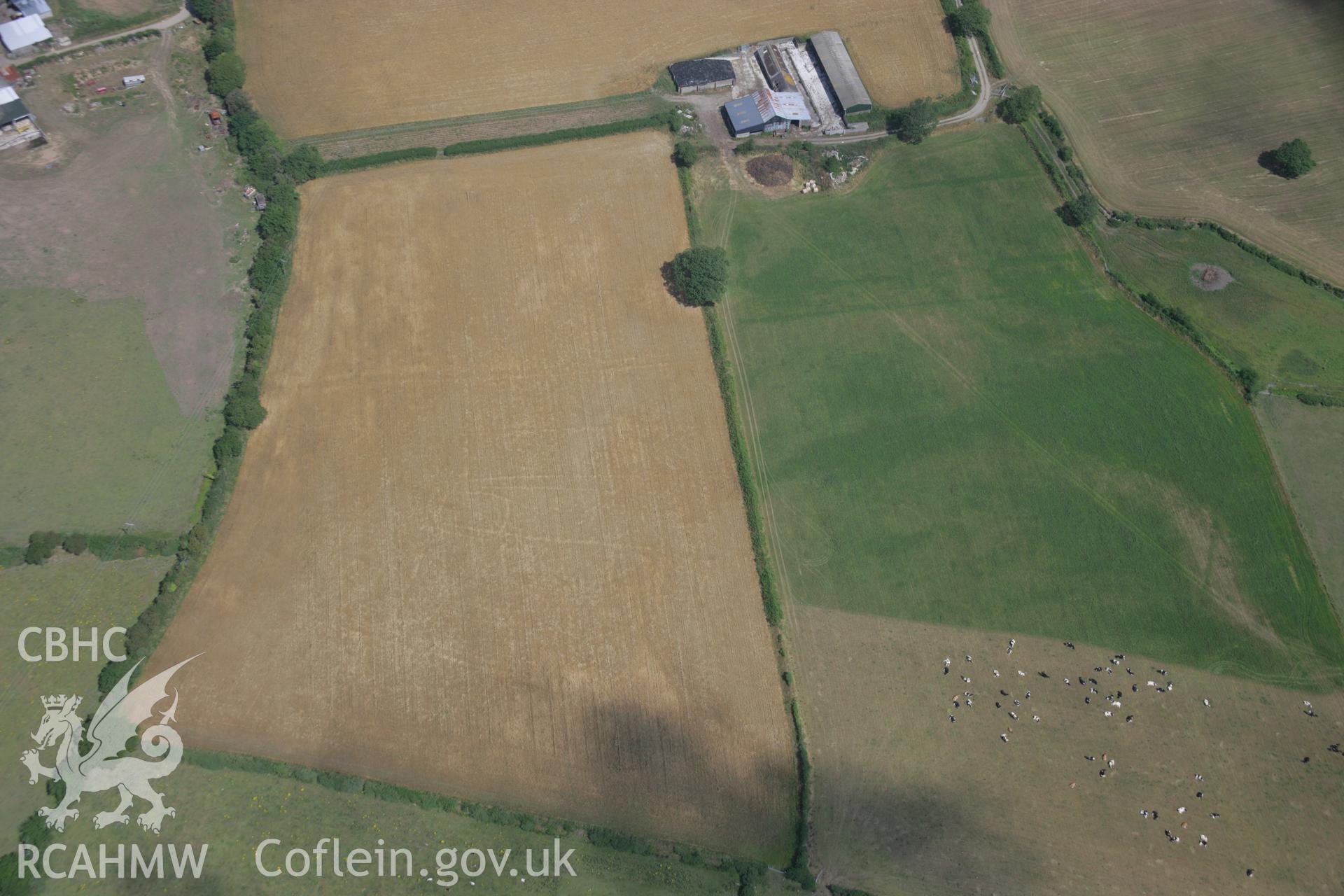 RCAHMW colour oblique aerial photograph of cropmarks representing a settlement and field system at Dolpenrhyn, viewed from the south. Taken on 03 August 2006 by Toby Driver
