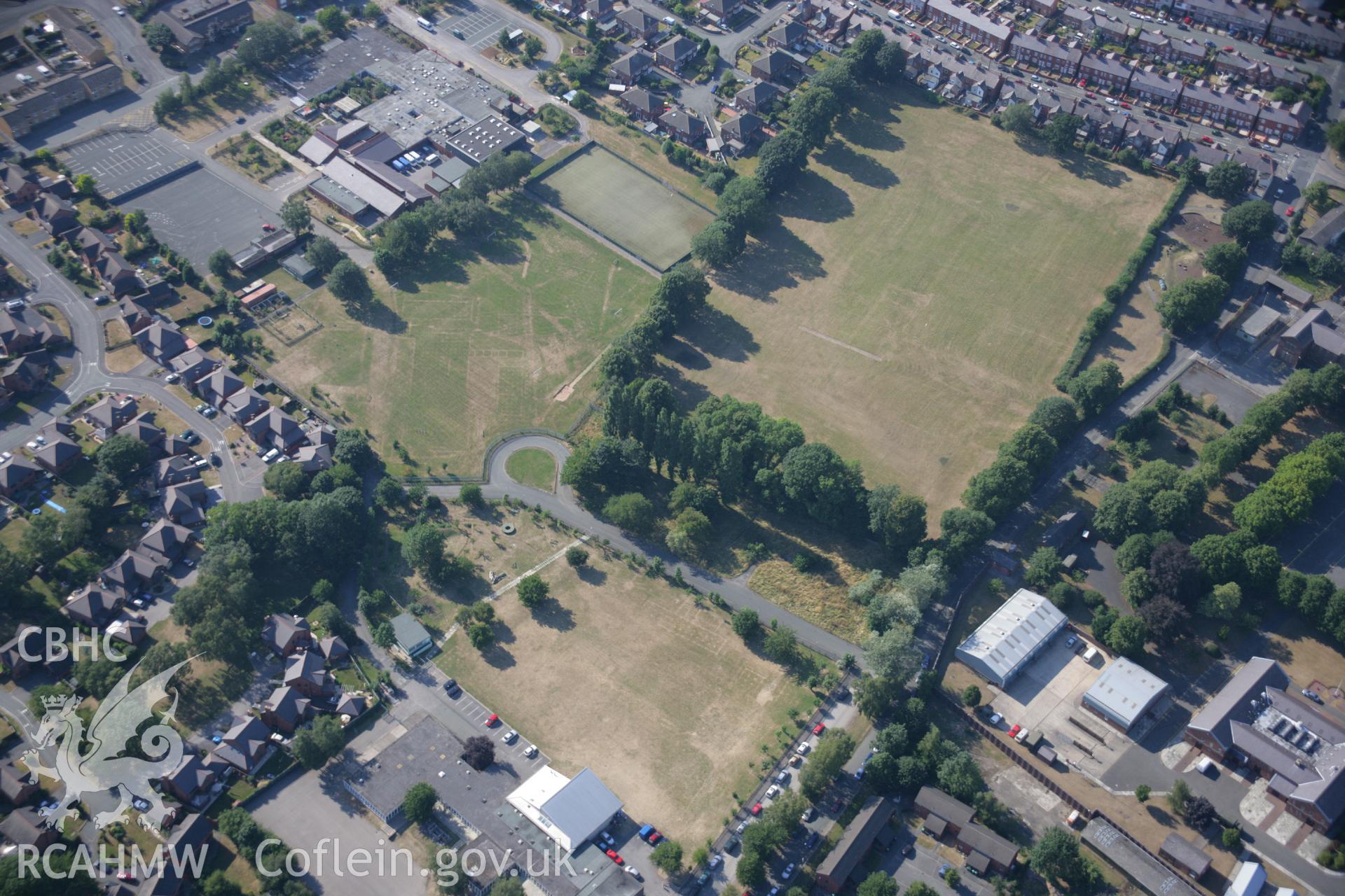 RCAHMW colour oblique aerial photograph of cropmarks of Former Barracks at Hightown. Taken on 17 July 2006 by Toby Driver.