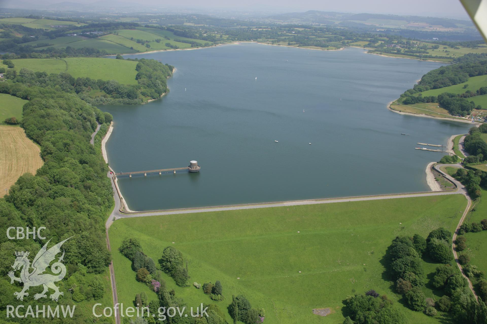 RCAHMW colour oblique aerial photograph of Llandegfedd Reservoir, viewed from the south. Taken on 09 June 2006 by Toby Driver.