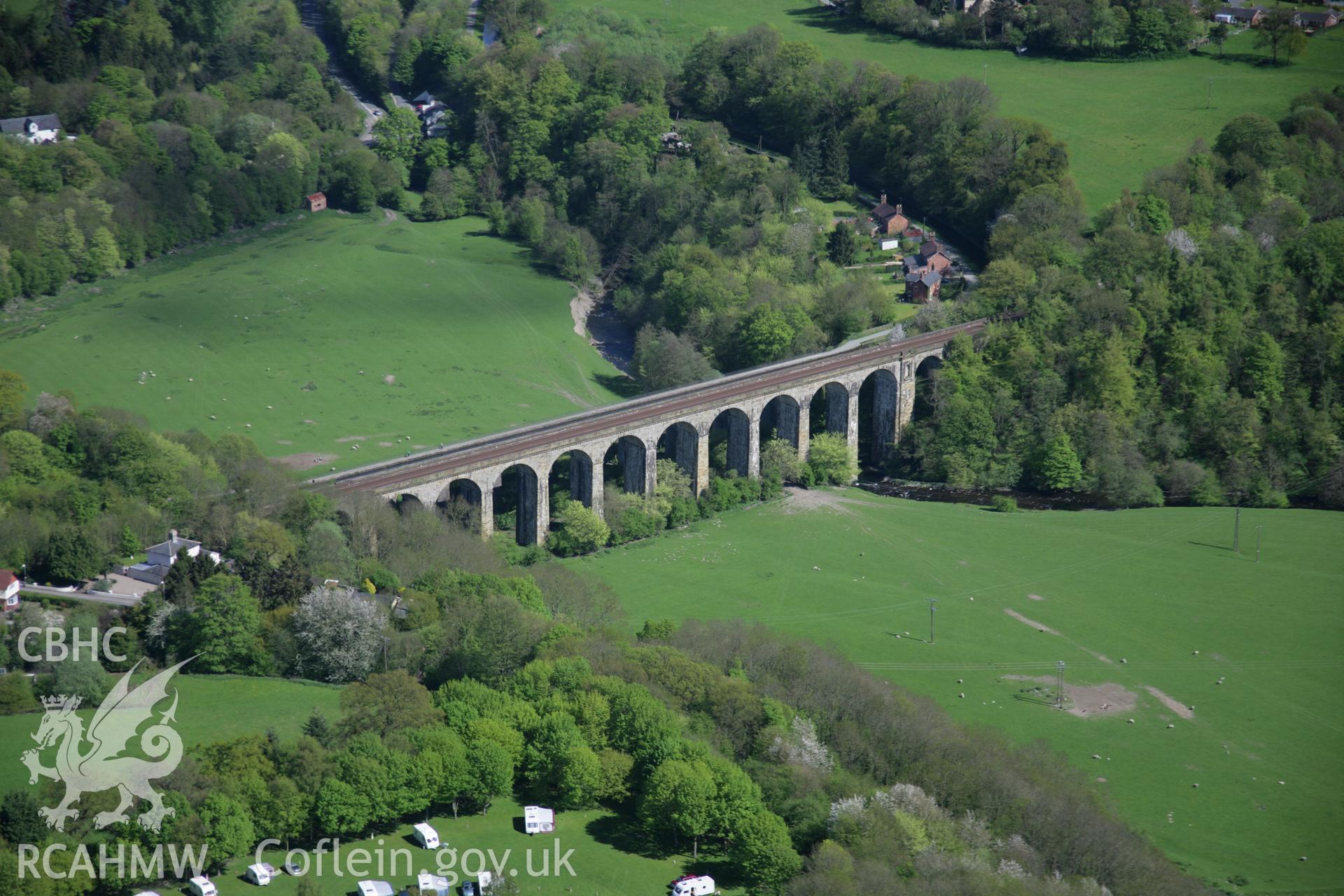 RCAHMW digital colour oblique photograph of the Chirk Railway Viaduct and the Llangollen Canal aqueduct from the north-west. Taken on 05/05/2006 by T.G. Driver.