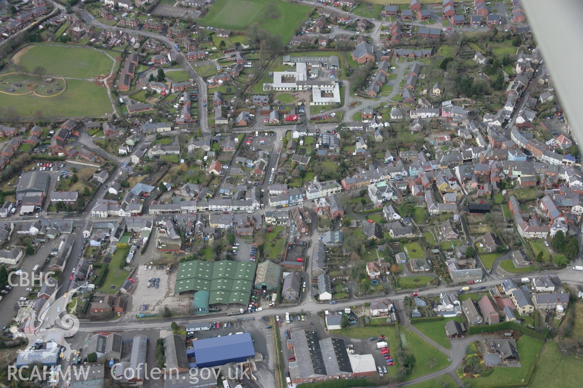 RCAHMW colour oblique aerial photograph of Bishops Castle from the east. Taken on 06 March 2006 by Toby Driver.