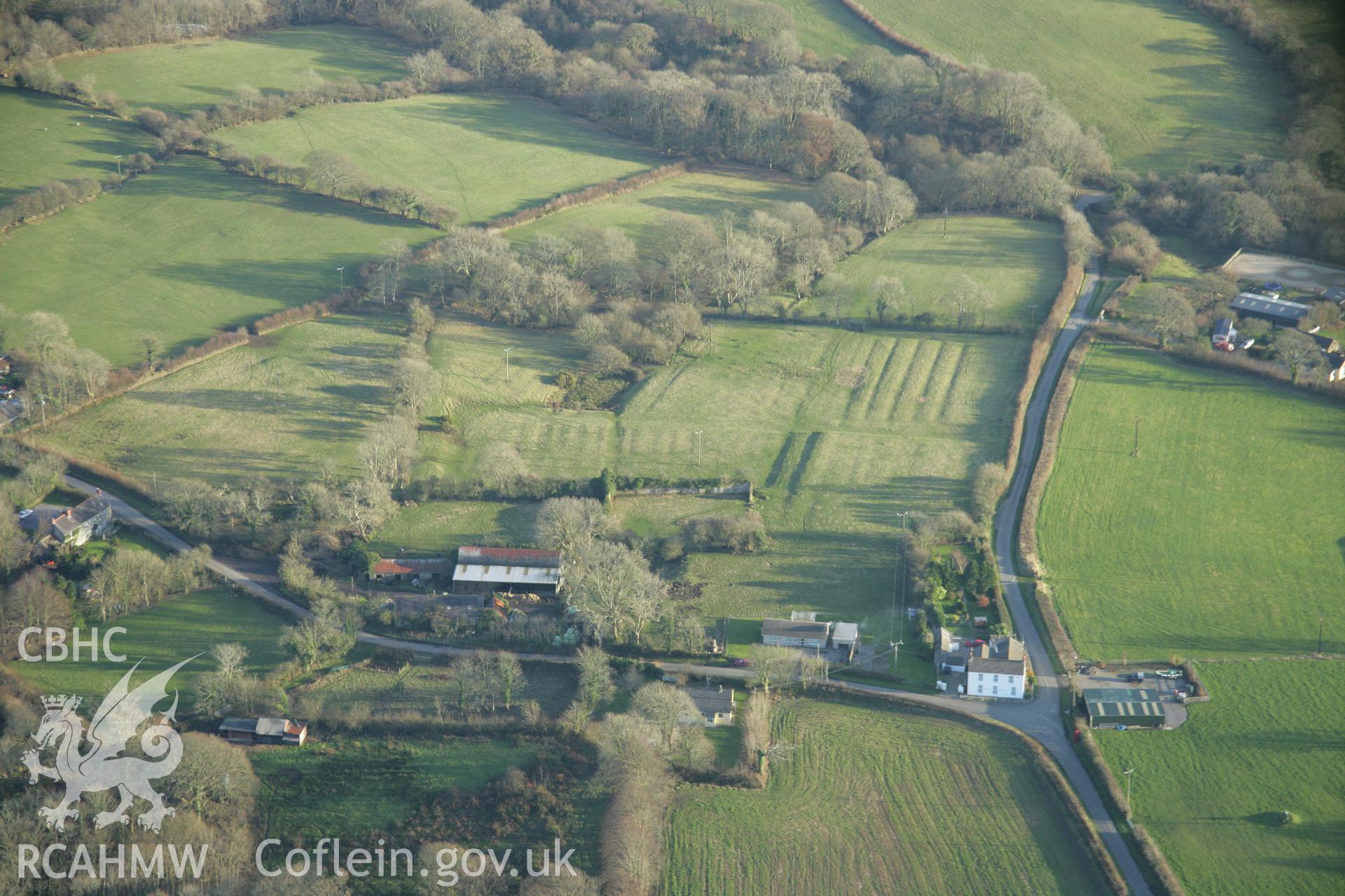 RCAHMW colour oblique aerial photograph of Landshipping House Garden Earthworks, viewed from the north-west. Taken on 26 January 2006 by Toby Driver.