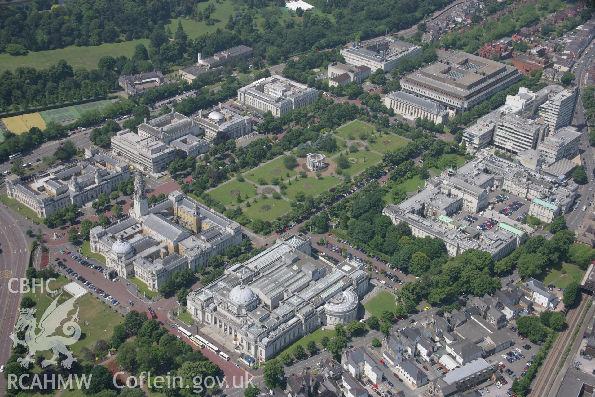 RCAHMW colour oblique photograph of Cardiff City Hall;Cardiff Civic Centre. Taken by Toby Driver on 29/06/2006.