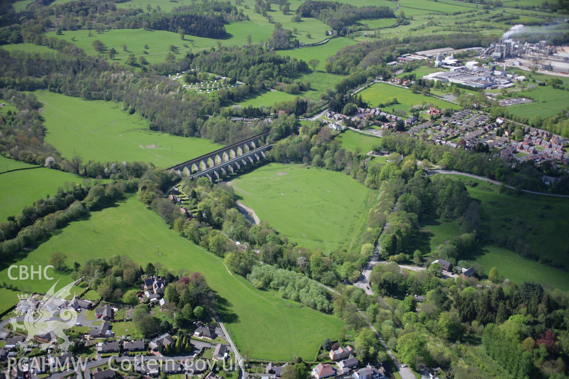 RCAHMW digital colour oblique photograph of the Chirk Railway Viaduct and the Llangollen Canal aqueduct viewed from the south-east. Taken on 05/05/2006 by T.G. Driver.