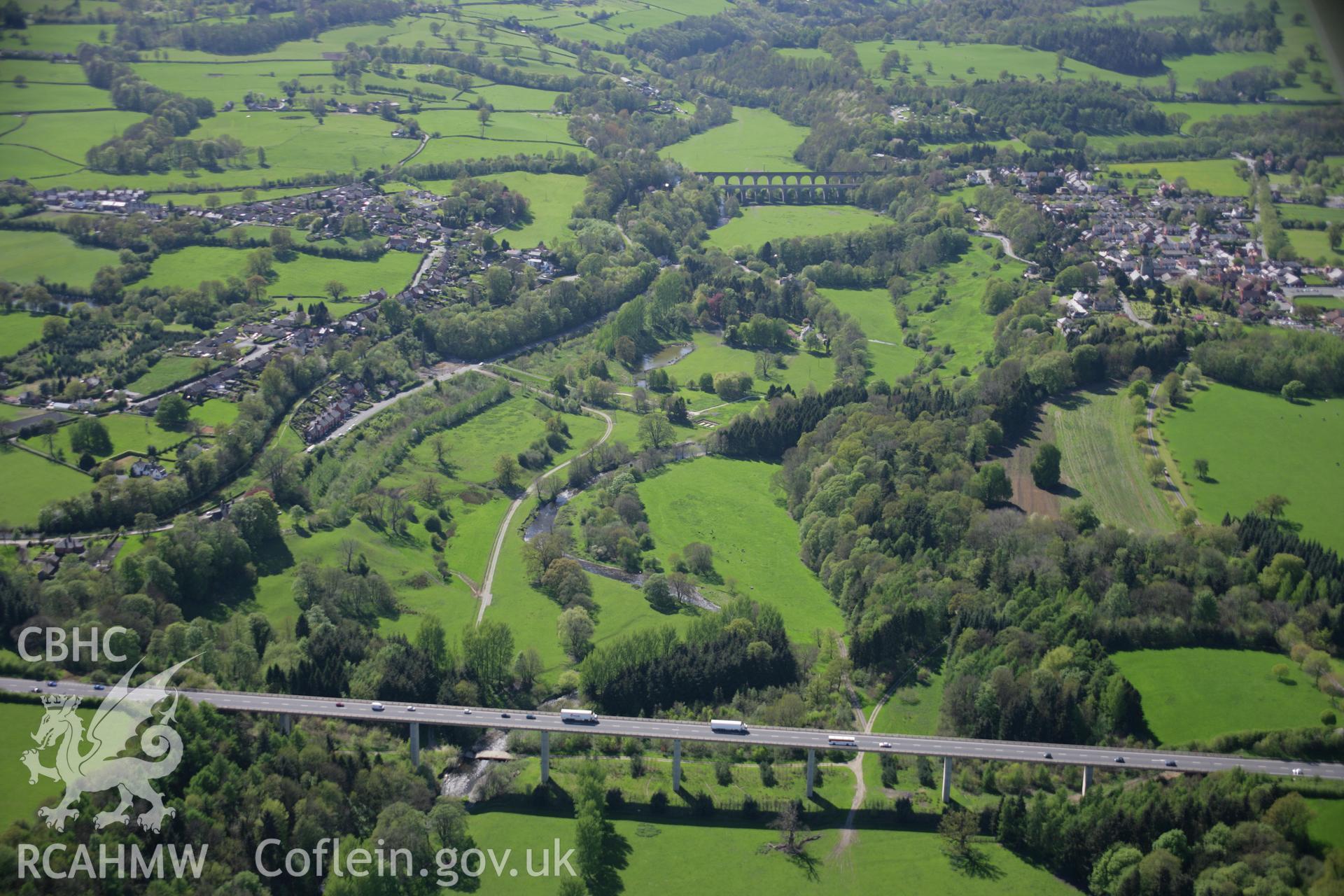 RCAHMW digital colour oblique photograph of the Chirk Railway Viaduct and the Llangollen Canal aqueduct from the east. Taken on 05/05/2006 by T.G. Driver.
