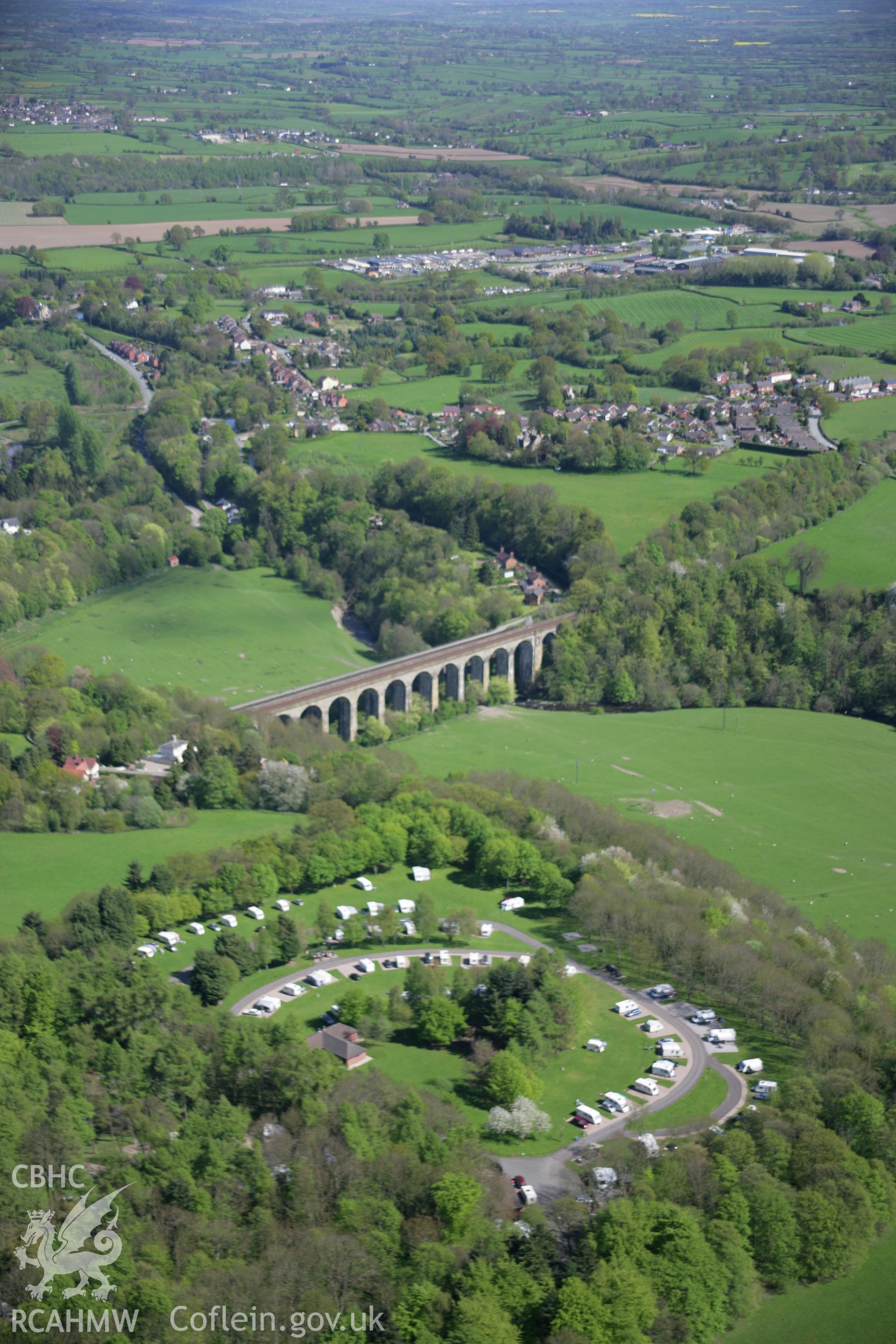 RCAHMW digital colour oblique photograph of the Chirk Railway Viaduct and the Llangollen Canal aqueduct from the north-west. Taken on 05/05/2006 by T.G. Driver.