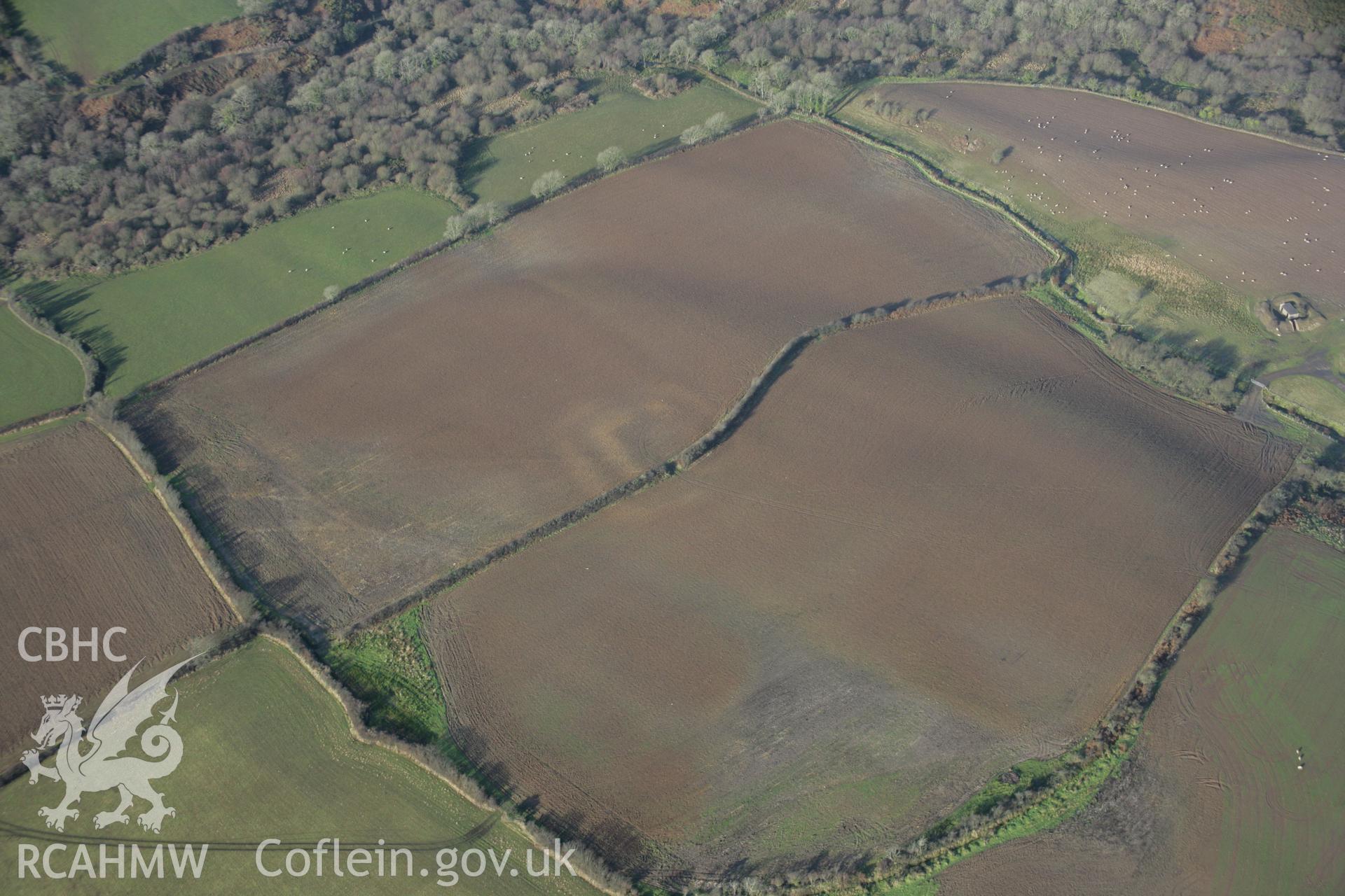 RCAHMW colour oblique aerial photograph of Tumped Park Enclosure, Begelly, visible as a soilmark from the south-east. Taken on 11 January 2006 by Toby Driver.