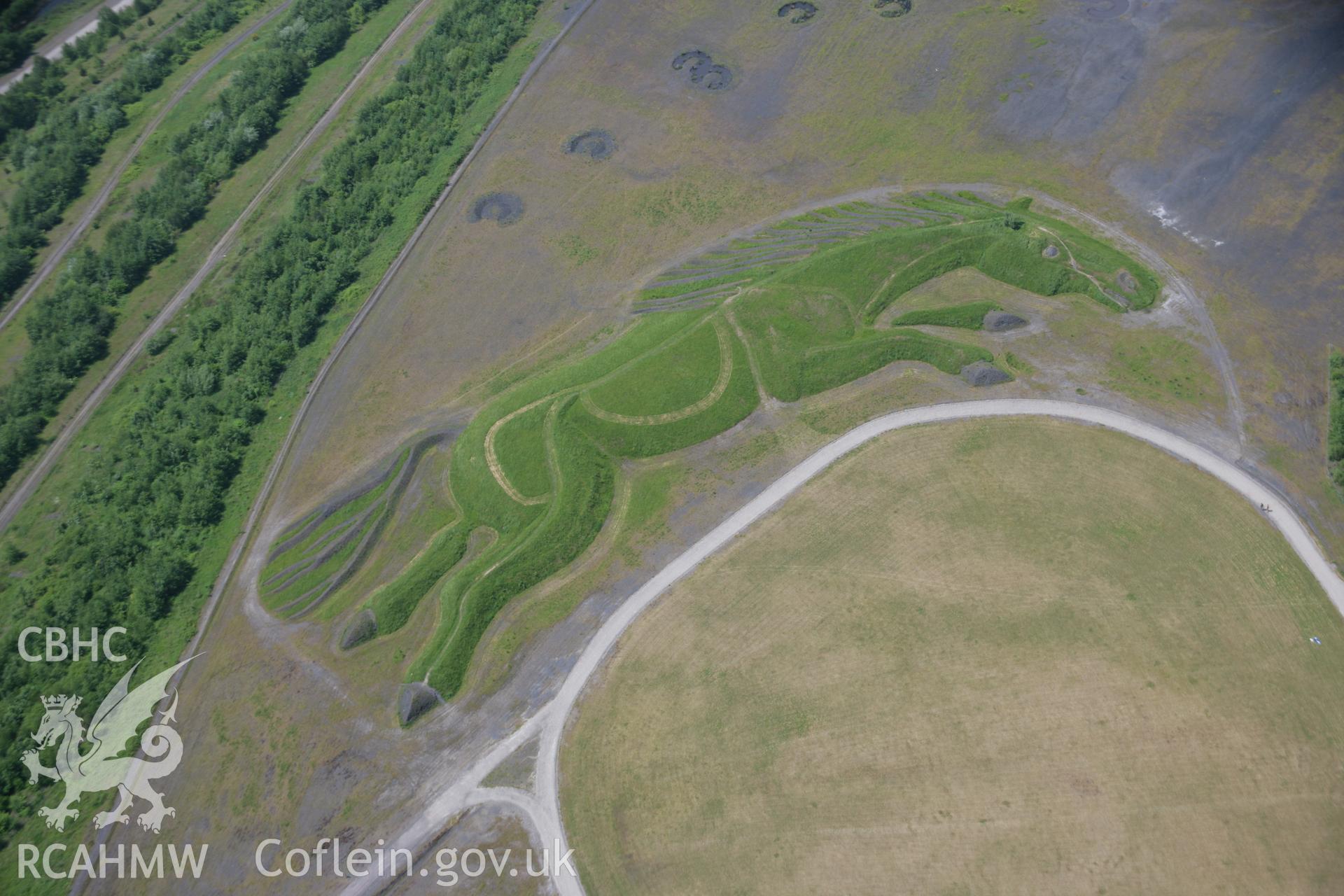 RCAHMW colour oblique aerial photograph of the pit pony sculpture in Penallta Community Park, southeast of Nelson, from the east. Taken on 09 June 2006 by Toby Driver.