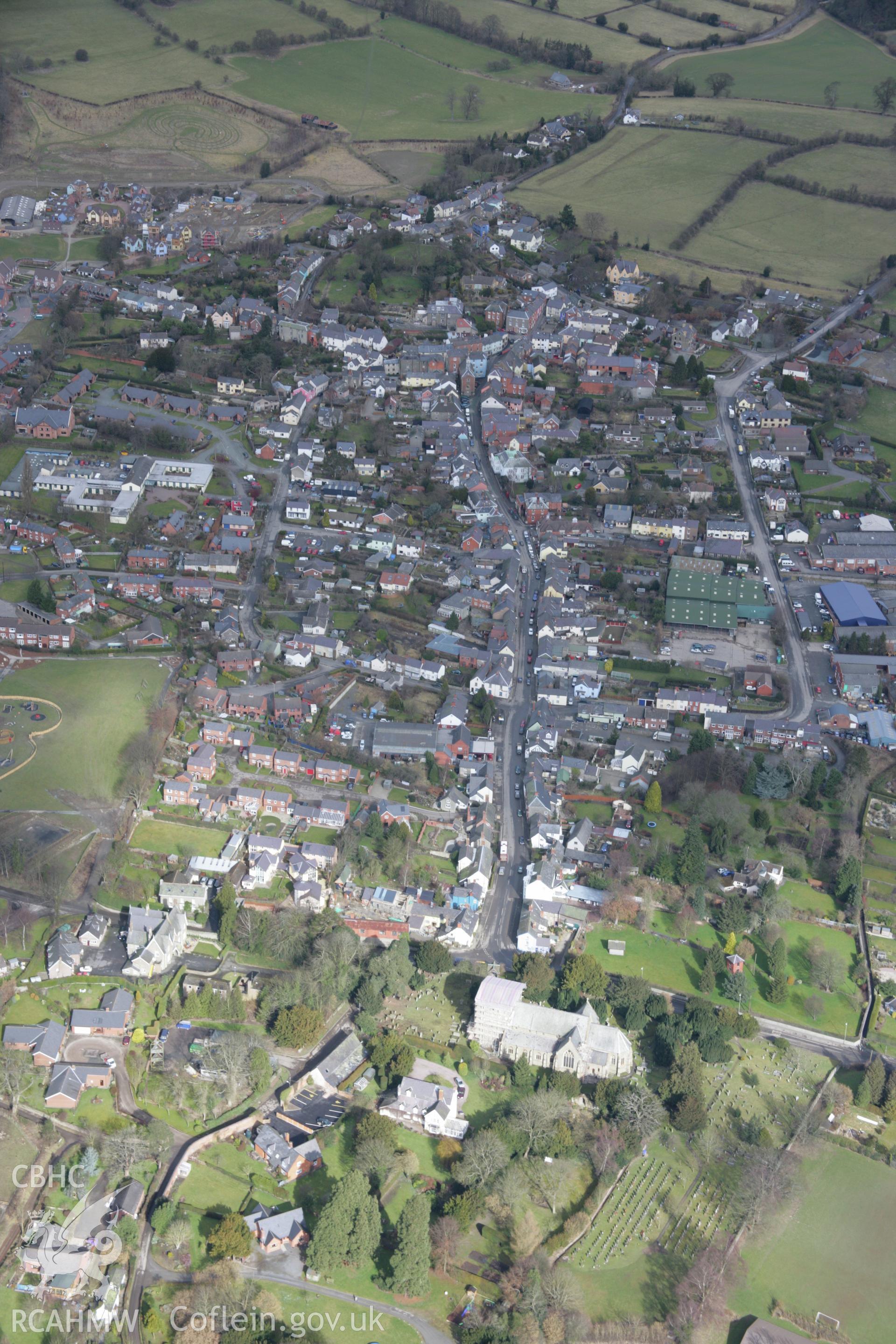 RCAHMW colour oblique aerial photograph of Bishops Castle from the south. Taken on 06 March 2006 by Toby Driver.