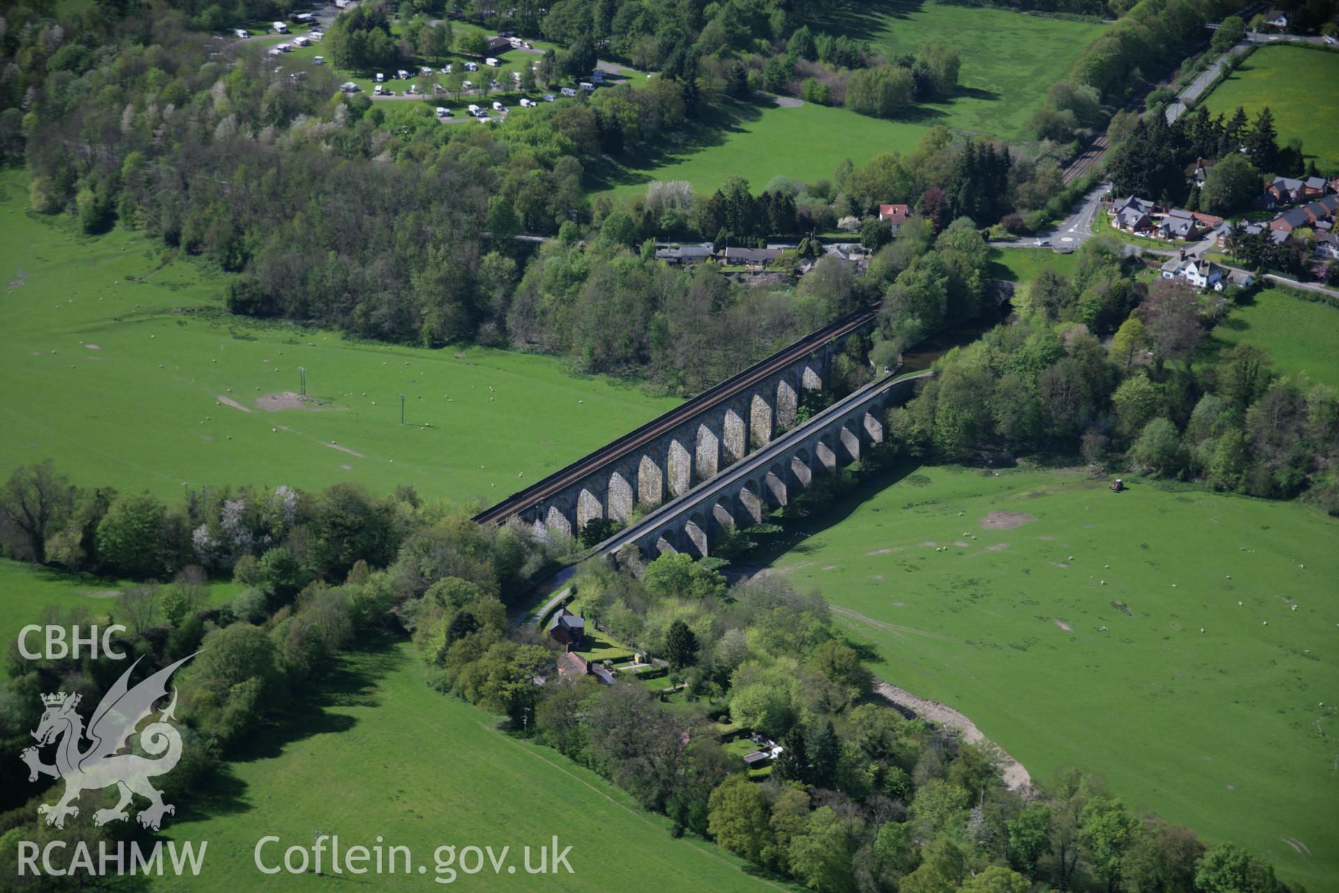 RCAHMW digital colour oblique photograph of the Chirk Railway Viaduct and the Llangollen Canal aqueduct viewed from the south-east. Taken on 05/05/2006 by T.G. Driver.