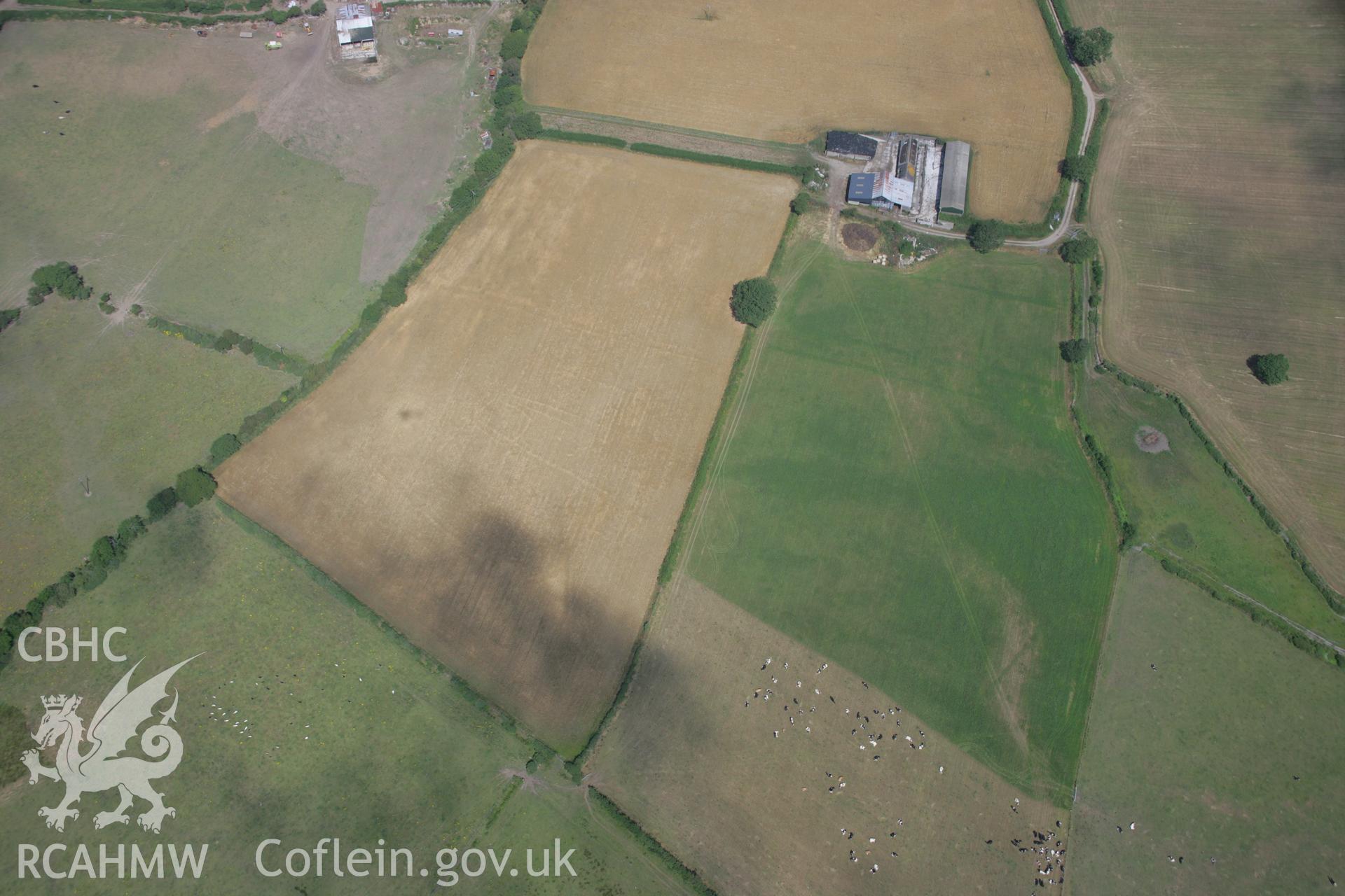 RCAHMW colour oblique aerial photograph of cropmarks representing a settlement and field system at Dolpenrhyn, viewed from the south. Taken on 03 August 2006 by Toby Driver