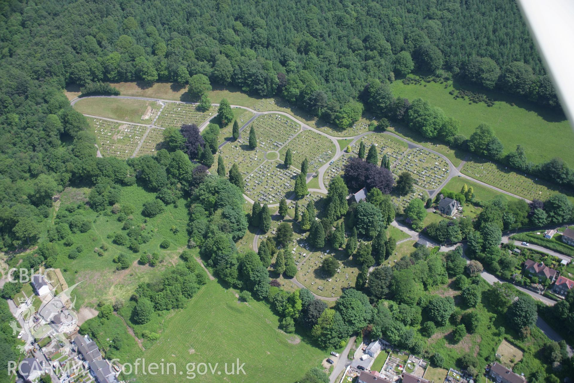 RCAHMW colour oblique aerial photograph of Abercarn Mortuary Chapel and Cemetery viewed from the south-west. Taken on 09 June 2006 by Toby Driver.