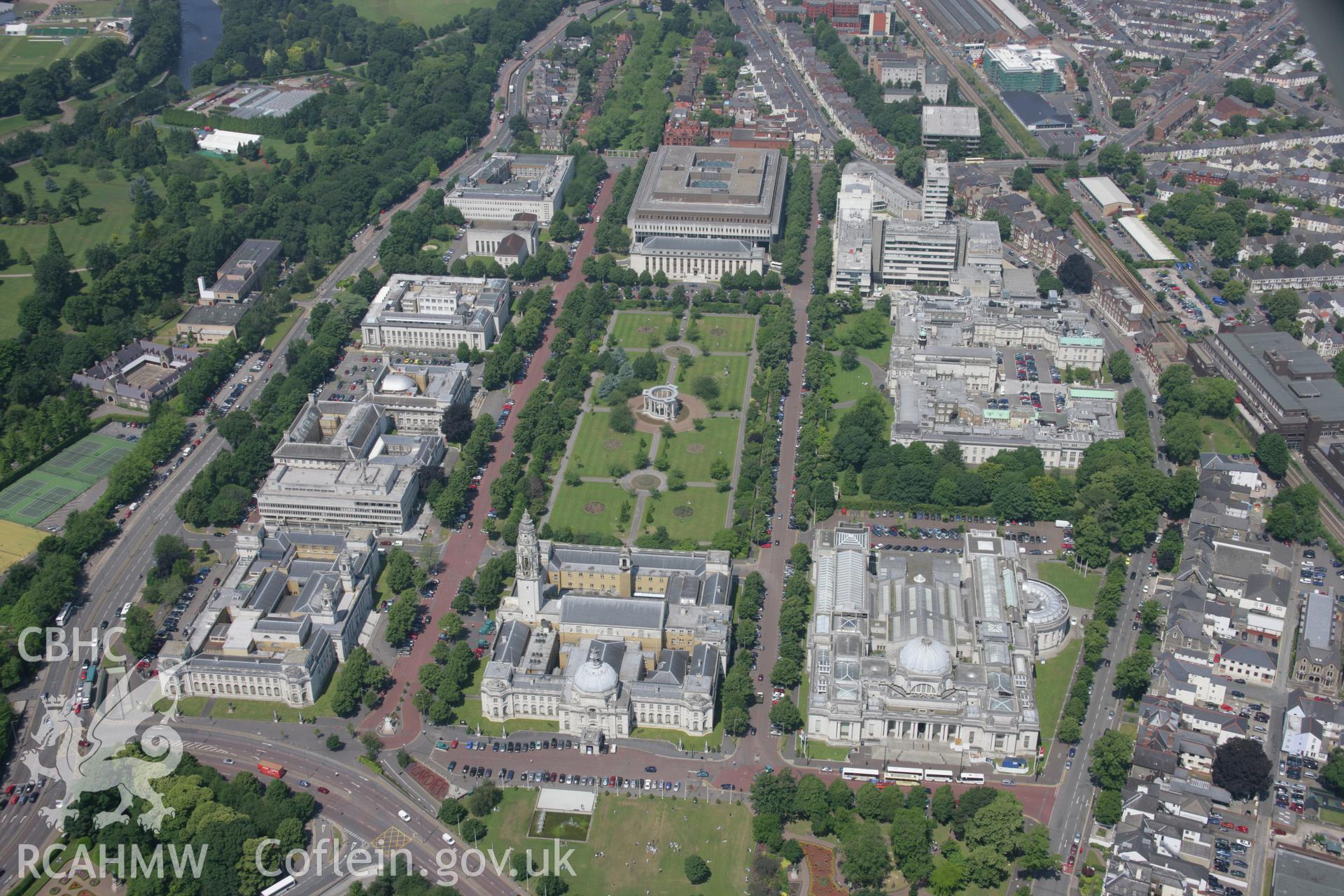 RCAHMW colour oblique photograph of Cardiff City Hall;Cardiff Civic Centre. Taken by Toby Driver on 29/06/2006.