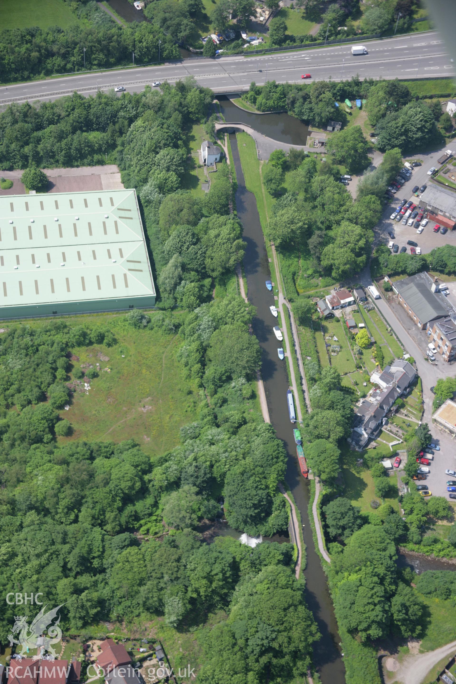 RCAHMW colour oblique aerial photograph of Monmouthshire Canal Pantymoile, viewed from the north-east. Taken on 09 June 2006 by Toby Driver.