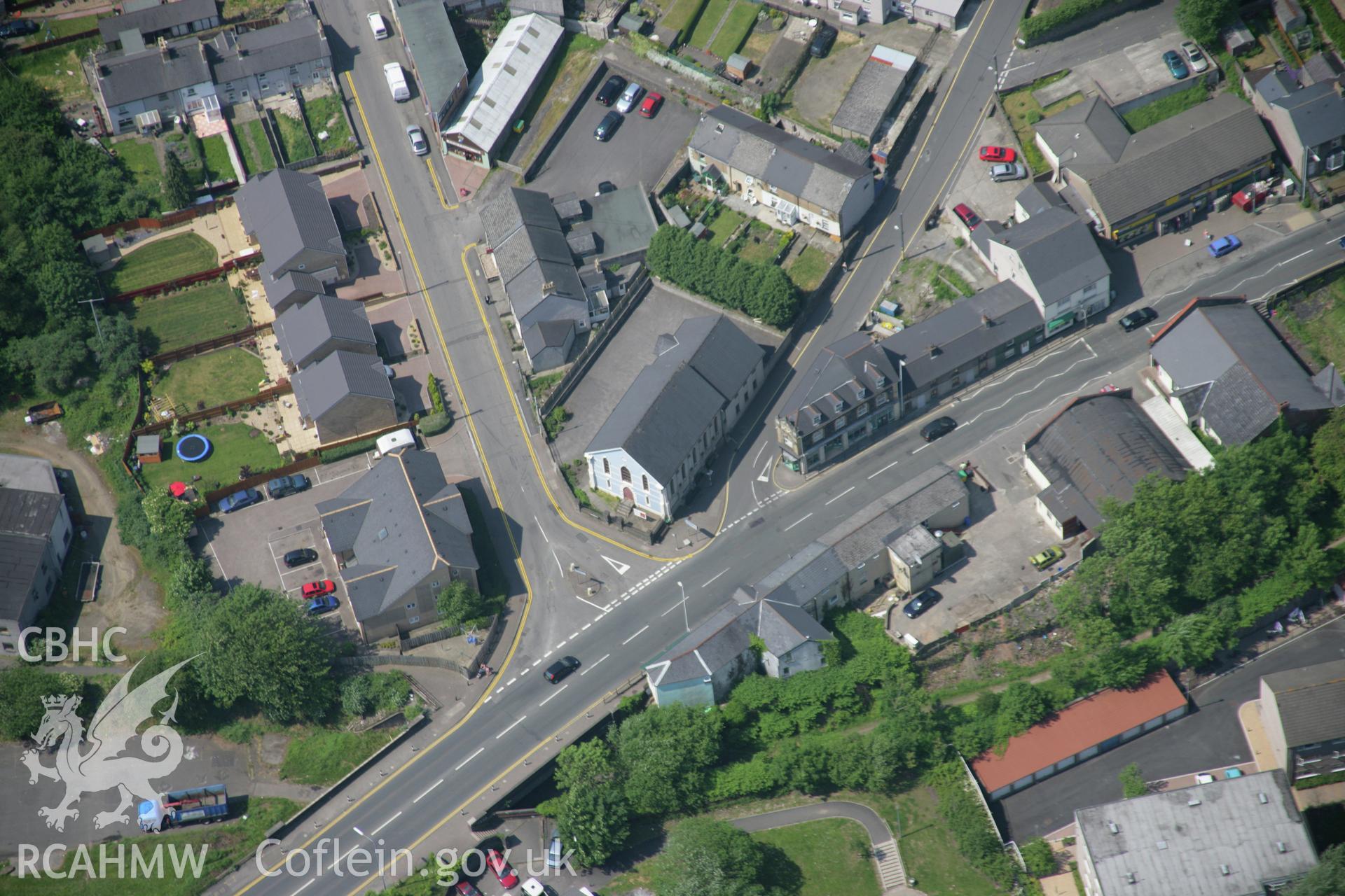 RCAHMW colour oblique aerial photograph of Central Wesleyan Methodist Chapel, Pentre-Piod Road, Pontnewynydd, from the east. Taken on 09 June 2006 by Toby Driver.