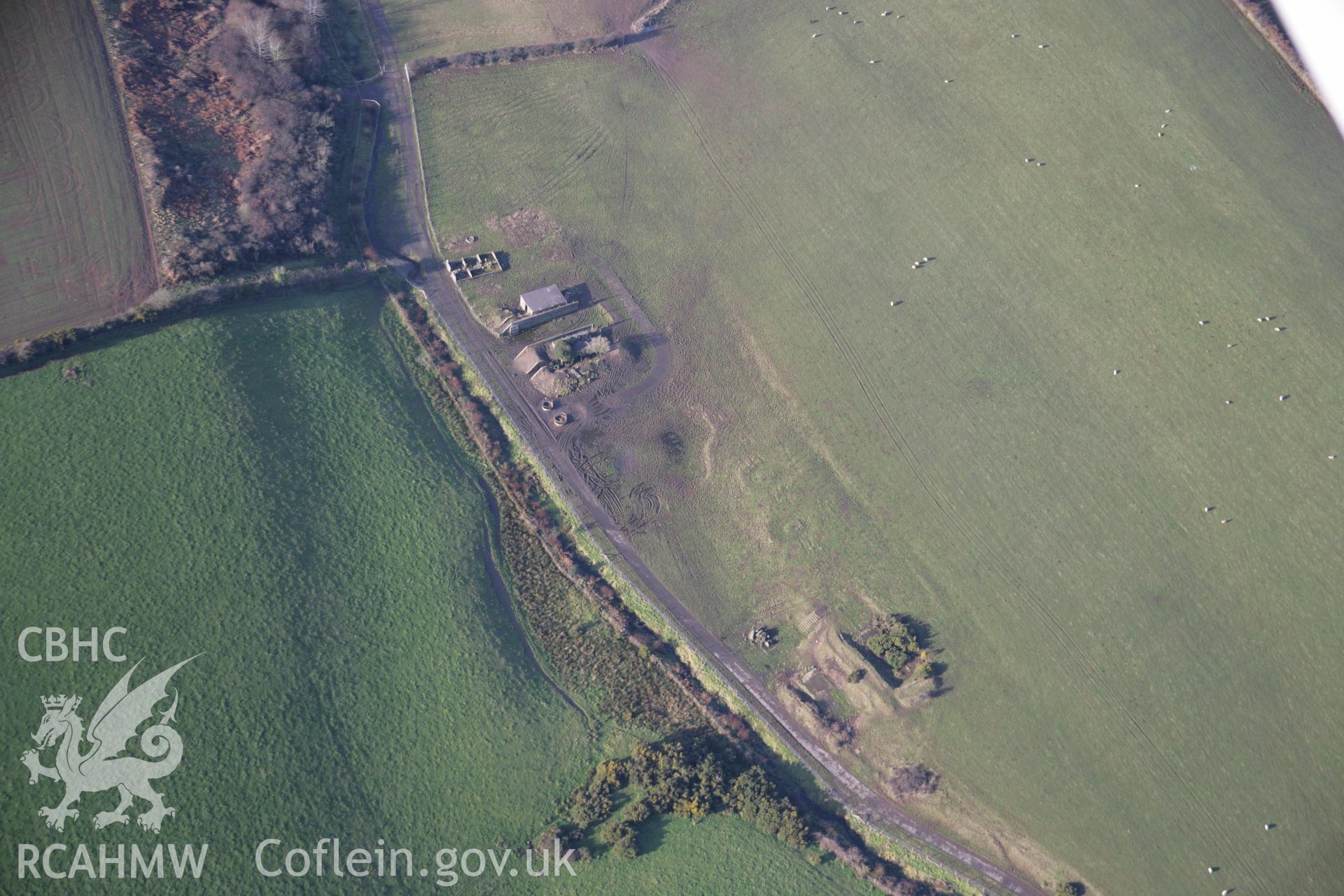 RCAHMW colour oblique aerial photograph of Templeton Airfield from the east showing ancillary buildings. Taken on 11 January 2006 by Toby Driver.