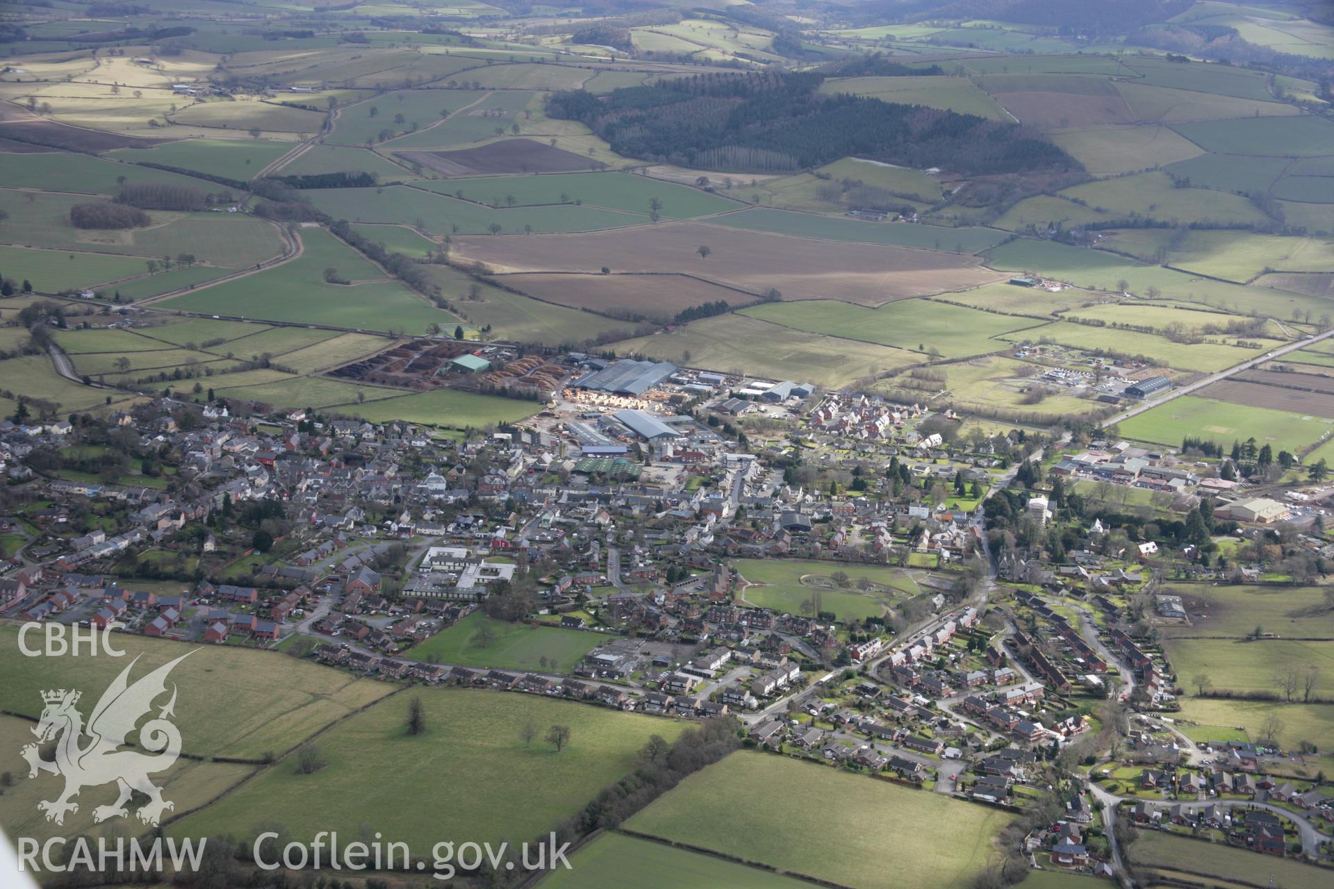 RCAHMW colour oblique aerial photograph of Bishops Castle from the north-west. Taken on 06 March 2006 by Toby Driver.