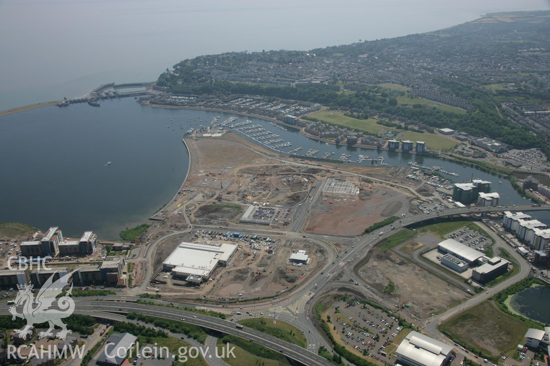 RCAHMW colour oblique photograph of Cardiff Bay, view south to Penarth. Taken by Toby Driver on 29/06/2006.