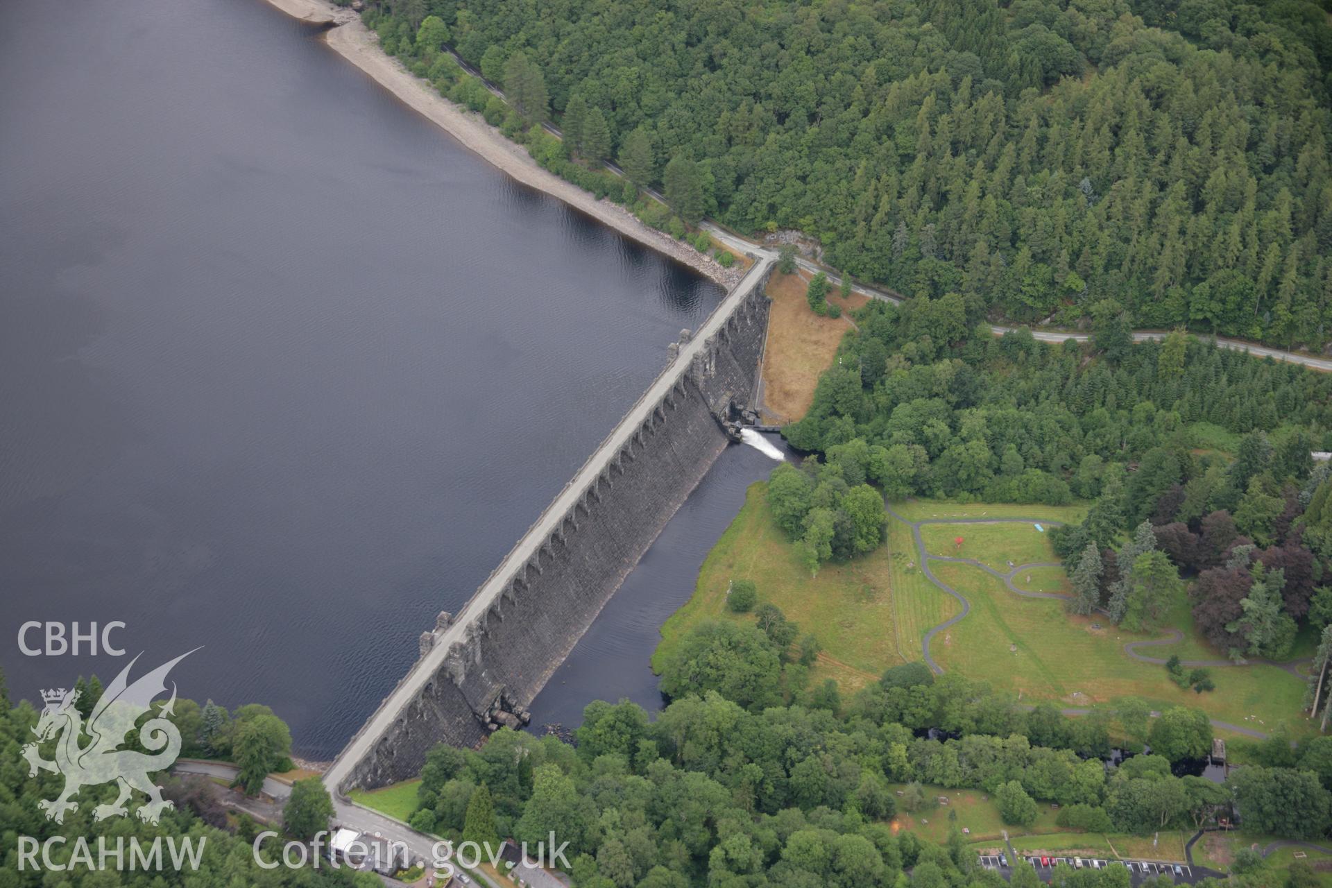 RCAHMW colour oblique aerial photograph of Lake Vyrnwy Dam, Llanwddyn. Taken on 31 July 2006 by Toby Driver.