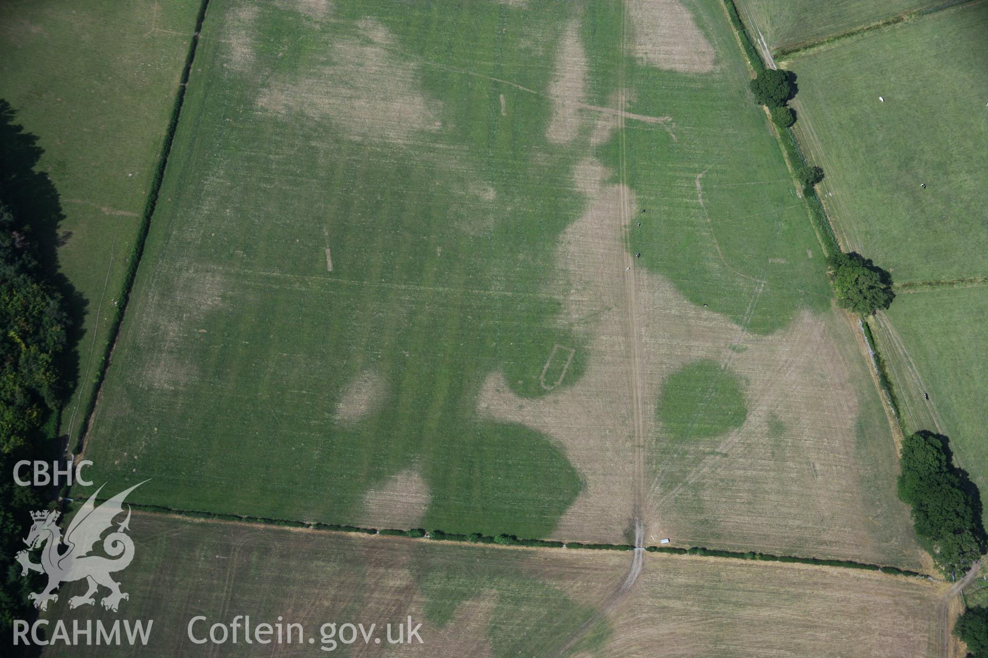 RCAHMW colour oblique aerial photograph of Llwydfaen Medieval Township, site of buried medieval church, view of parched foundations from south, taken on 14/08/2006 by Toby Driver.