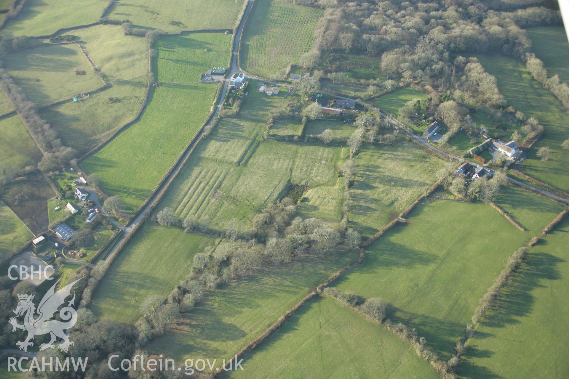 RCAHMW colour oblique aerial photograph of Landshipping House Garden Earthworks, viewed from the south-east. Taken on 26 January 2006 by Toby Driver.