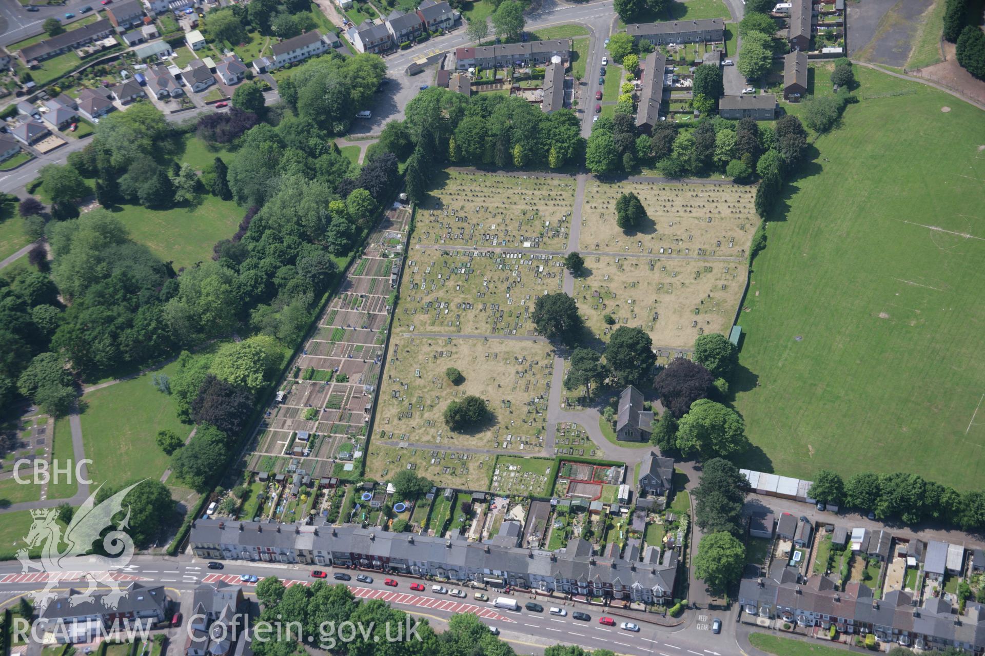 RCAHMW colour oblique aerial photograph of Cwmbran cemetery, Oakfield Road, viewed from the north-east. Taken on 09 June 2006 by Toby Driver