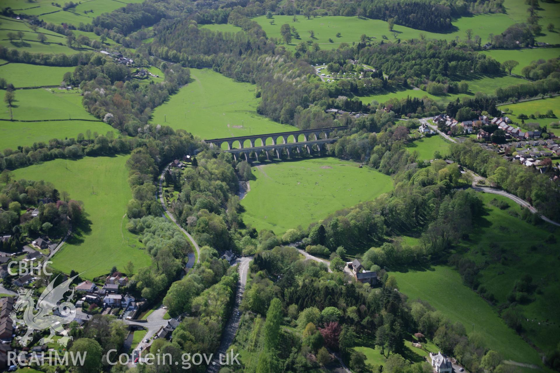 RCAHMW digital colour oblique photograph of the Chirk Railway Viaduct and the Llangollen Canal aqueduct from the east. Taken on 05/05/2006 by T.G. Driver.
