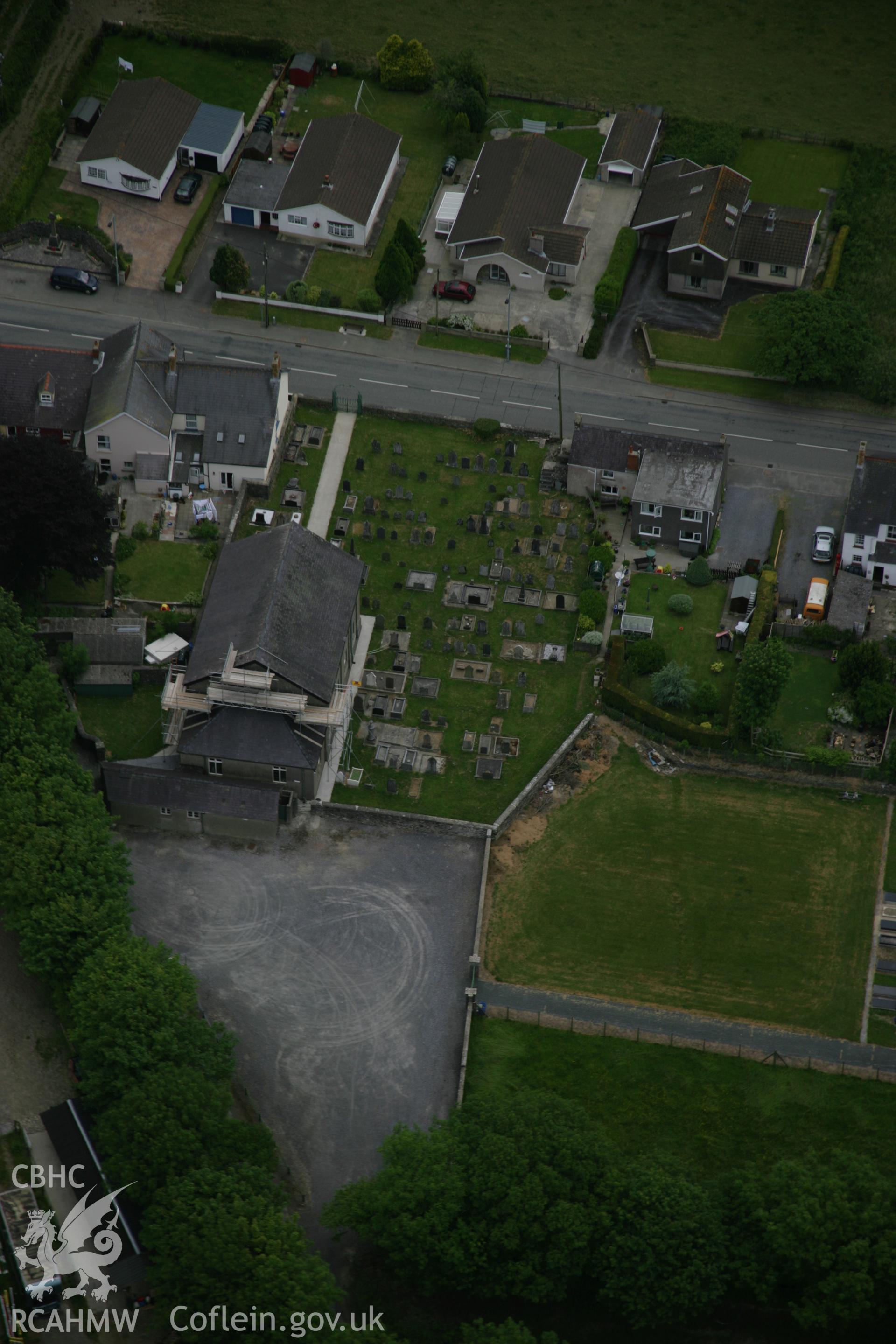 RCAHMW colour oblique aerial photograph of Pisgah Independent Chapel, Llandysilio, viewed from the south-west. Taken on 15 June 2006 by Toby Driver.