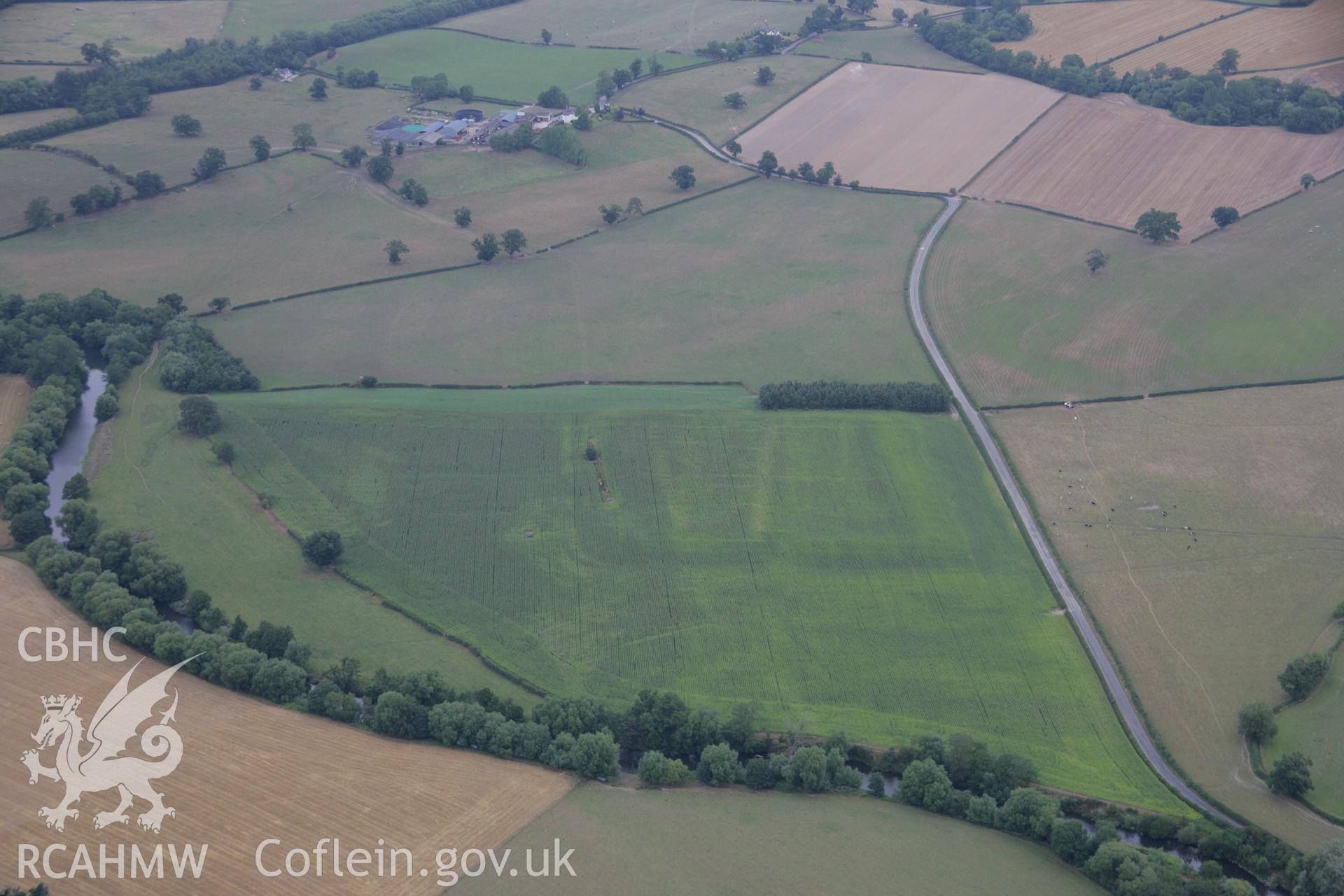 RCAHMW colour oblique aerial photograph of Forden Gaer Roman Settlement showing cropmarks. Taken on 14 August 2006 by Toby Driver.