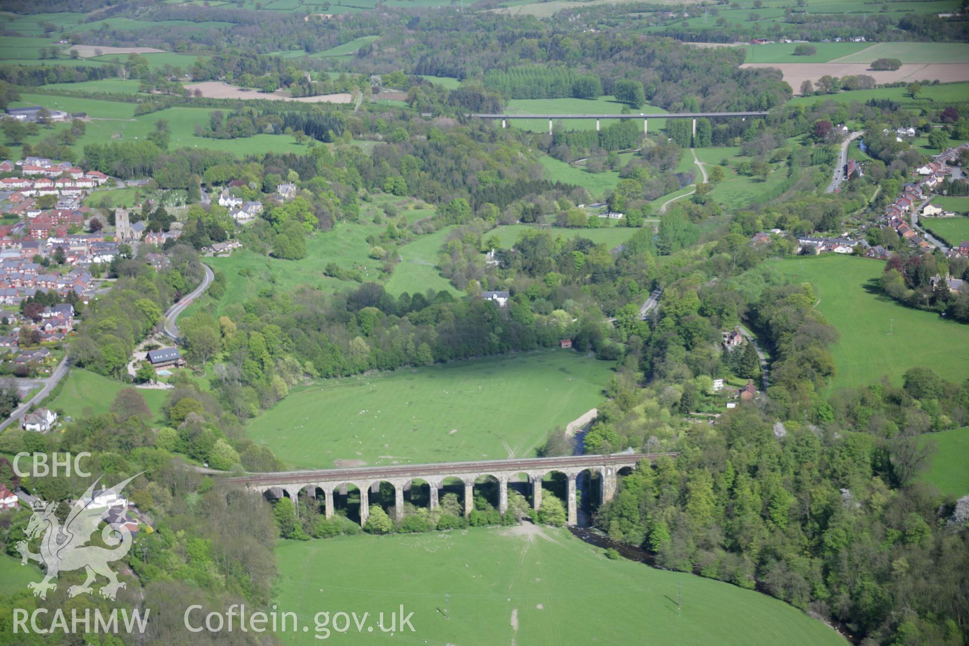 RCAHMW digital colour oblique photograph of the Chirk Railway Viaduct and the Llangollen Canal aqueduct from the west. Taken on 05/05/2006 by T.G. Driver.
