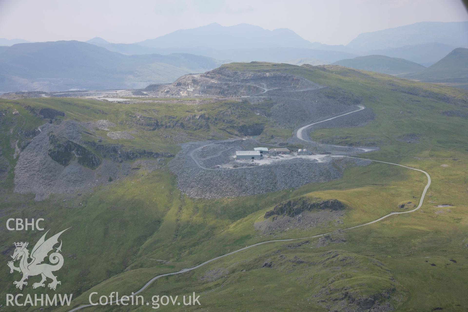 RCAHMW colour oblique aerial photograph of Manod Slate Quarry, Bwlch-y-Slates. Taken on 04 July 2006 by Toby Driver.