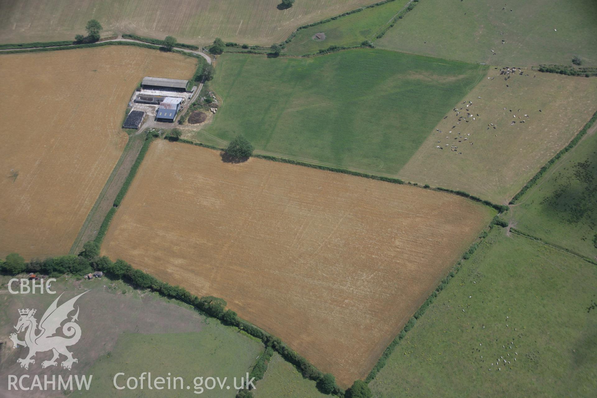 RCAHMW colour oblique aerial photograph of cropmarks representing a settlement and field system at Dolpenrhyn, viewed from the west. Taken on 03 August 2006 by Toby Driver