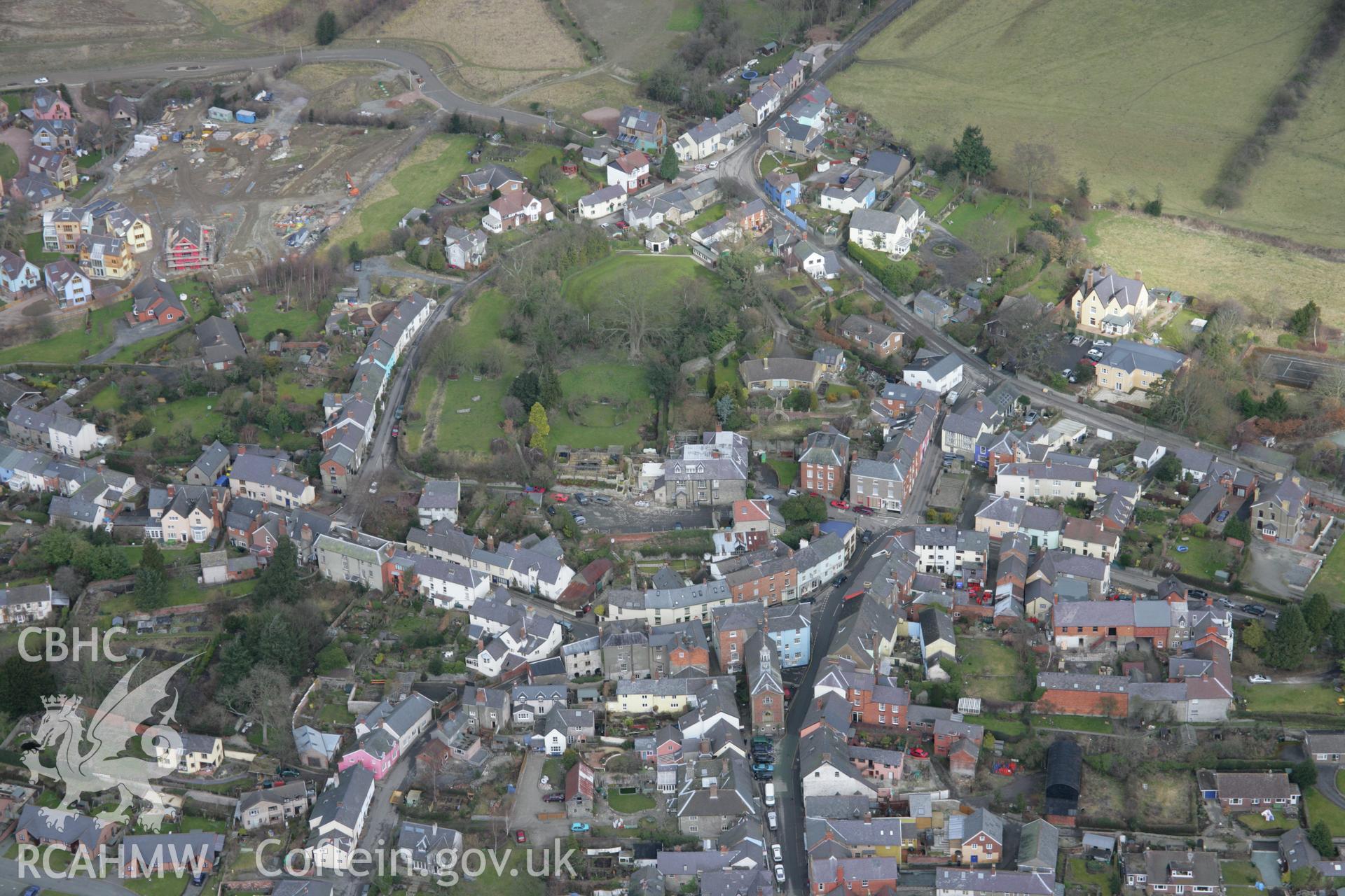 RCAHMW colour oblique aerial photograph of Bishops Castle from the south. Taken on 06 March 2006 by Toby Driver.