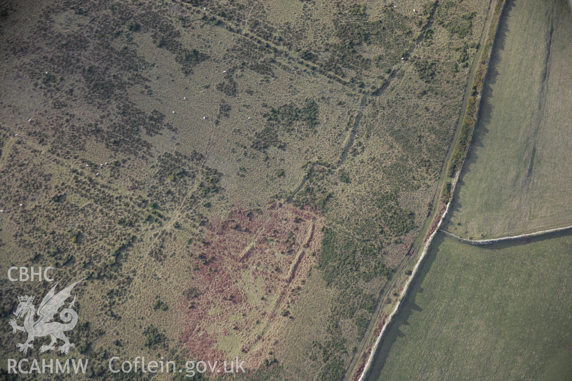RCAHMW colour oblique aerial photograph of Mynydd Gilan Strip Fields system shown in earthwork enclosures from the south-east. Taken on 09 February 2006 by Toby Driver.