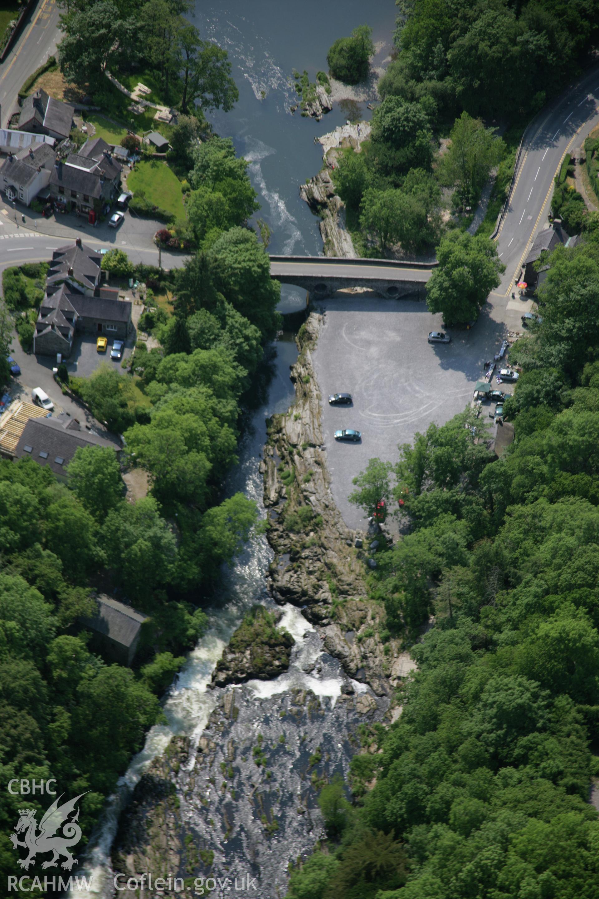 RCAHMW colour oblique aerial photograph of Cenarth Bridge from the east. Taken on 08 June 2006 by Toby Driver.