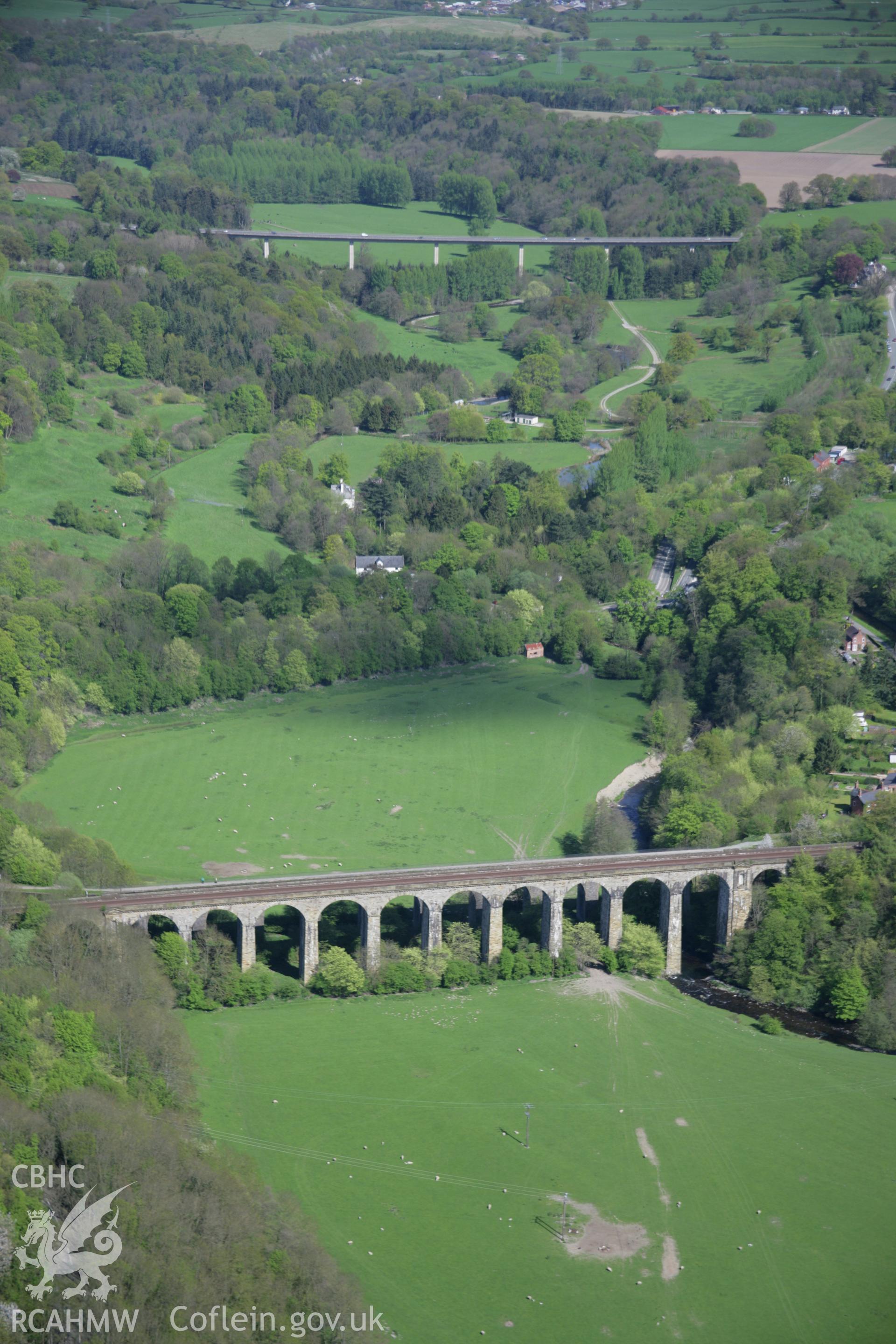 RCAHMW digital colour oblique photograph of the Chirk Railway Viaduct and the Llangollen Canal aqueduct from the west. Taken on 05/05/2006 by T.G. Driver.