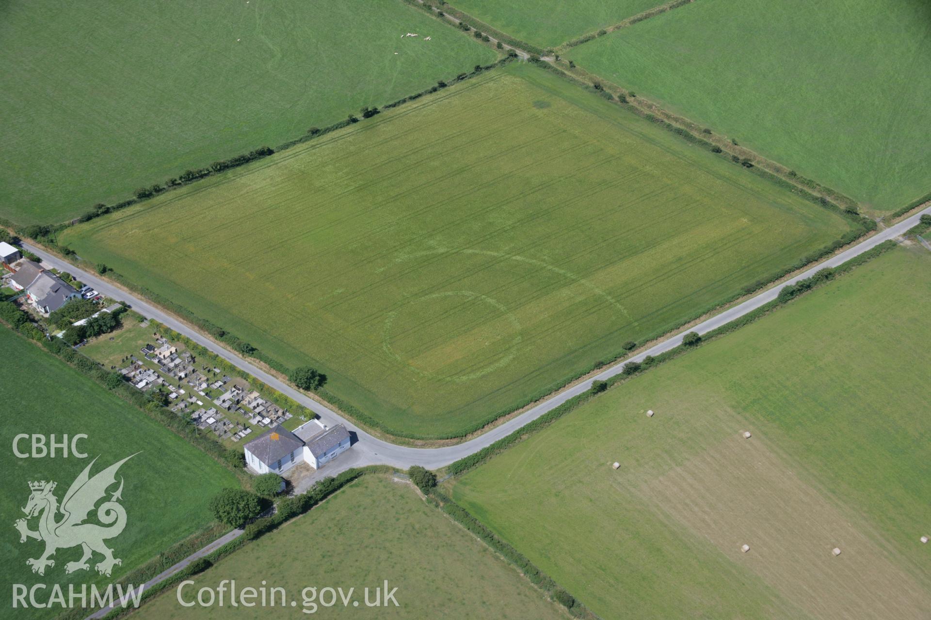 RCAHMW colour oblique aerial photograph of a cropmark enclosure east of Treferedd Uchaf. Taken on 14 July 2006 by Toby Driver.