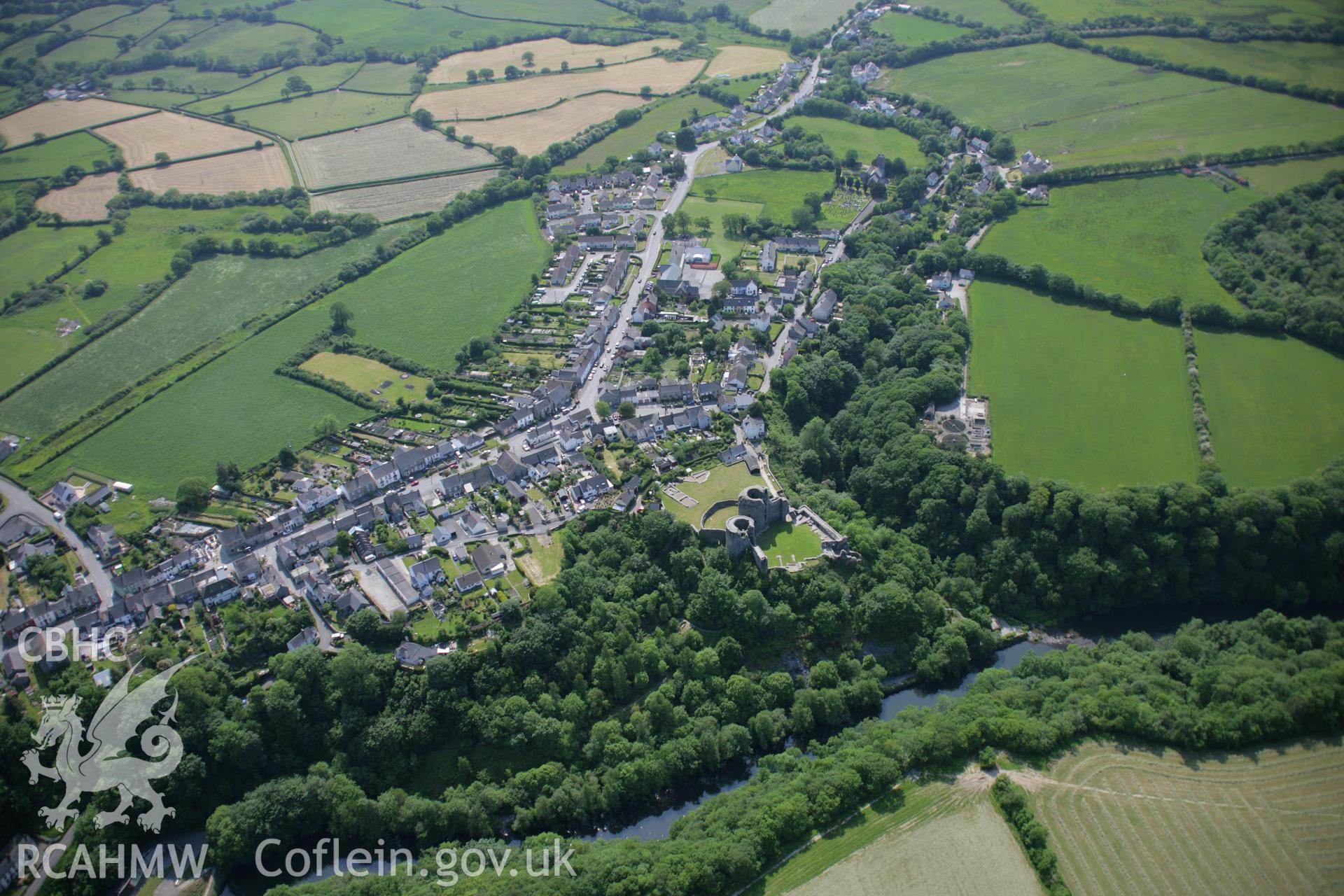 RCAHMW colour oblique aerial photograph of Cilgerran Castle. A high view from the north-east. Taken on 08 June 2006 by Toby Driver.