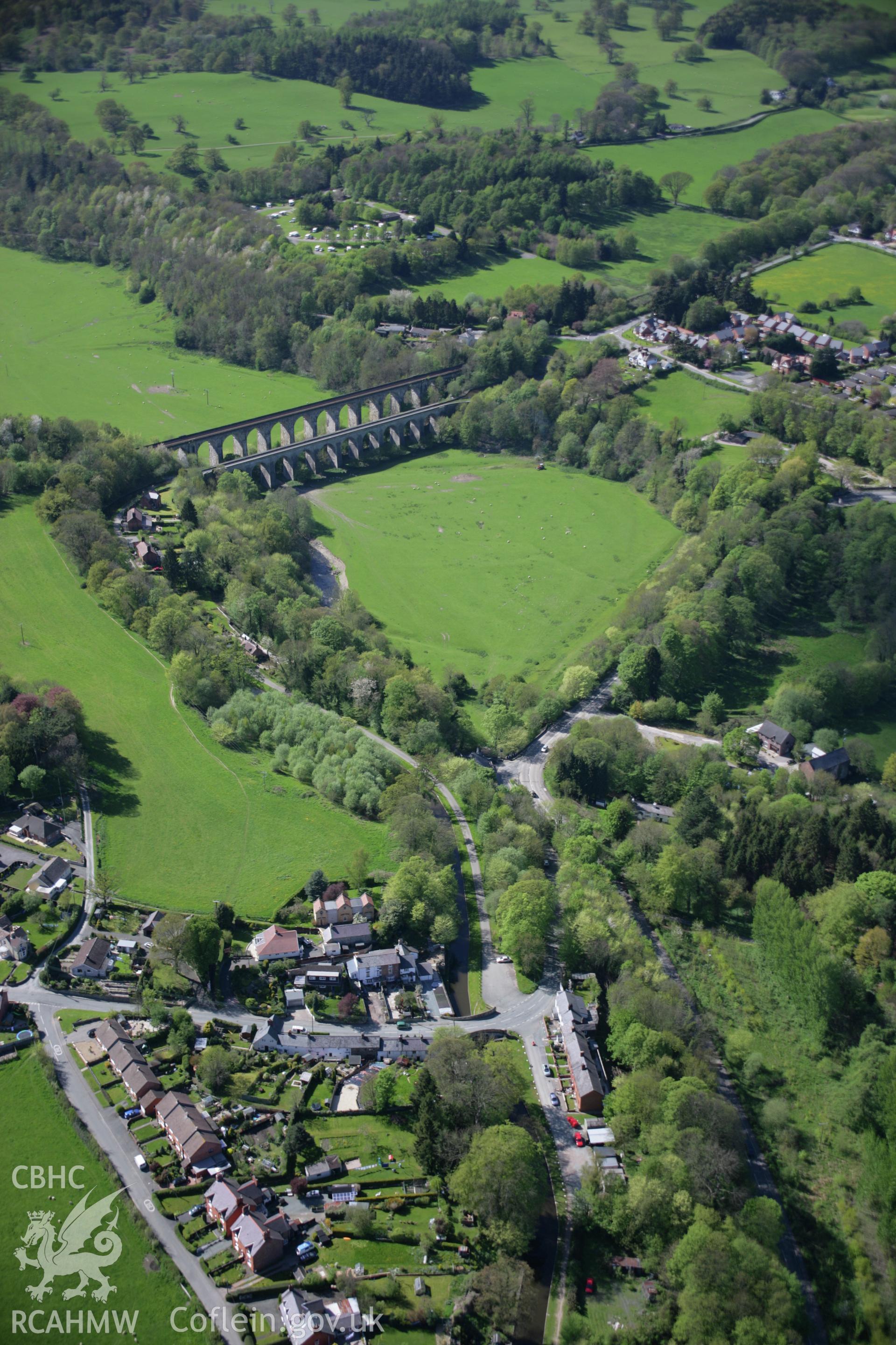 RCAHMW digital colour oblique photograph of the Chirk Railway Viaduct and the Llangollen Canal aqueduct viewed from the south-east. Taken on 05/05/2006 by T.G. Driver.