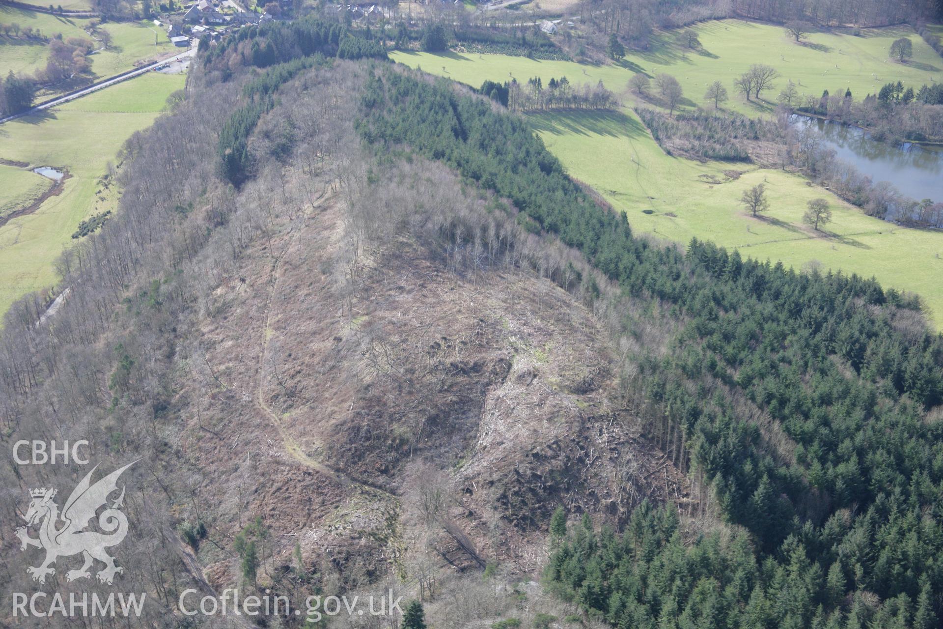 RCAHMW colour oblique aerial photograph of Bryngwyn Wood hillfort, viewed from the north-east. Taken on 06 March 2006 by Toby Driver