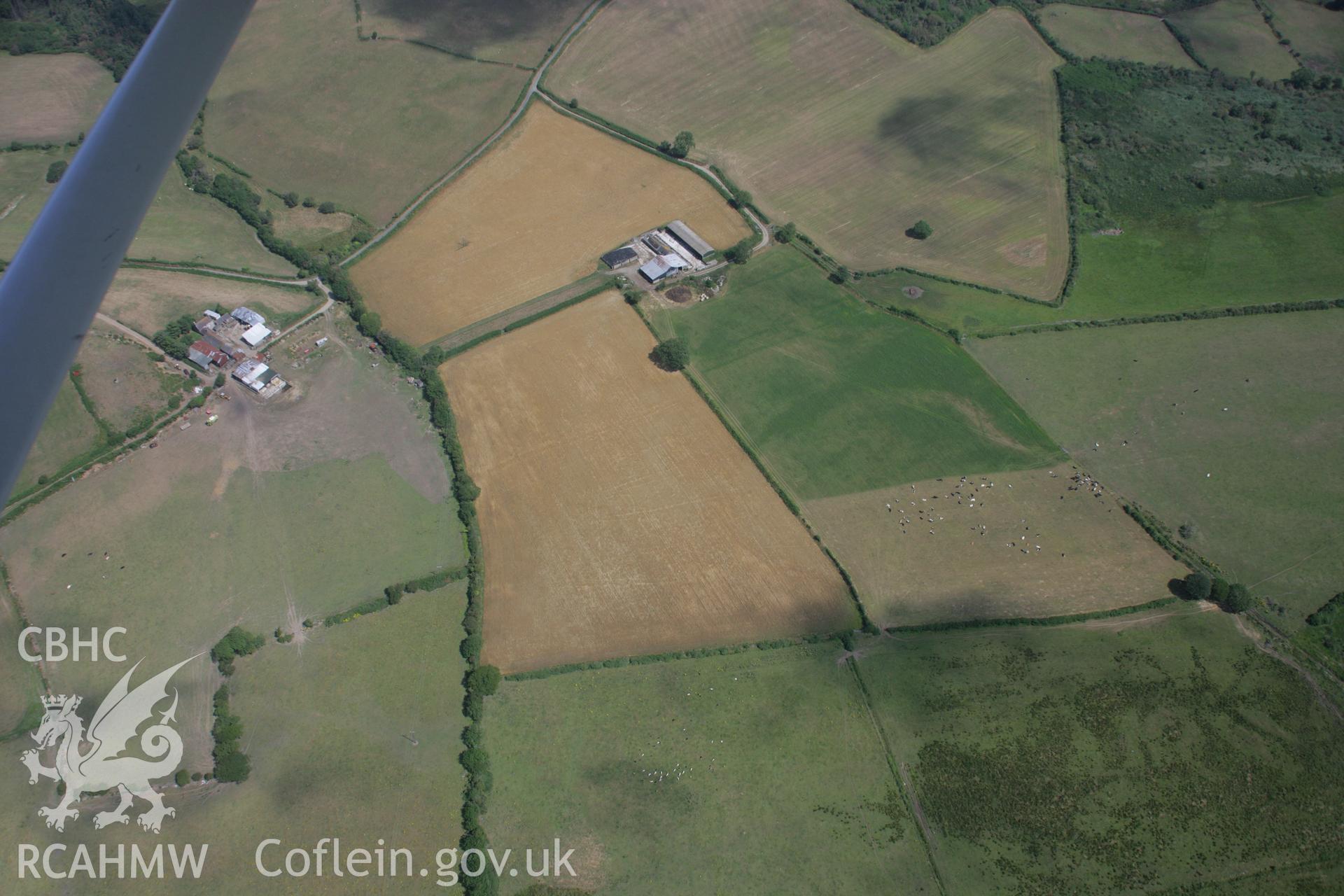 RCAHMW colour oblique aerial photograph of cropmarks representing a settlement and field system at Dolpenrhyn, viewed from the south. Taken on 03 August 2006 by Toby Driver